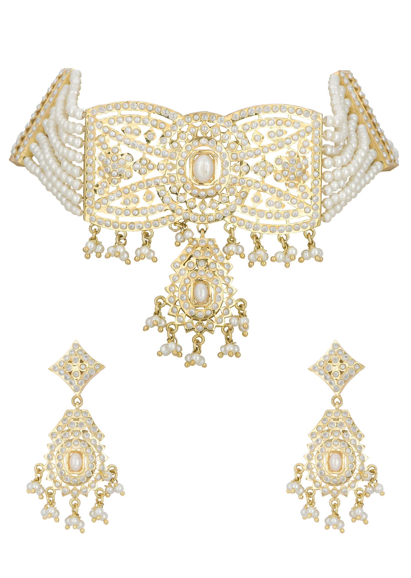 Gold Tone Kundan Choker Set With Geometric Pendant - Image 3