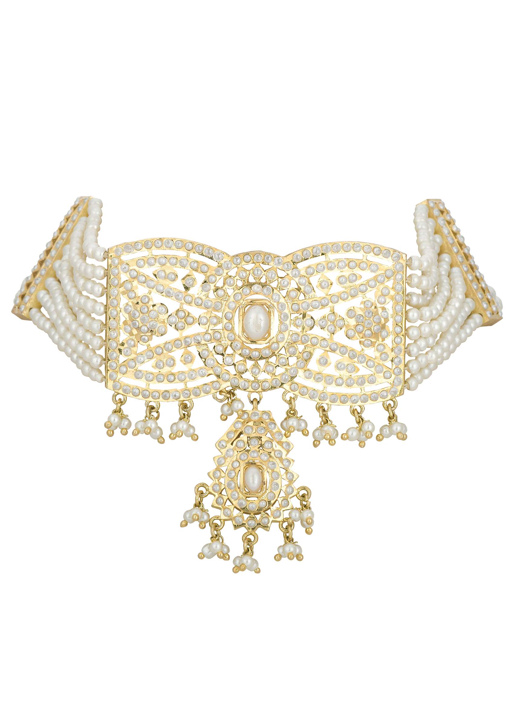 Gold Tone Kundan Choker Set With Geometric Pendant - Image 4