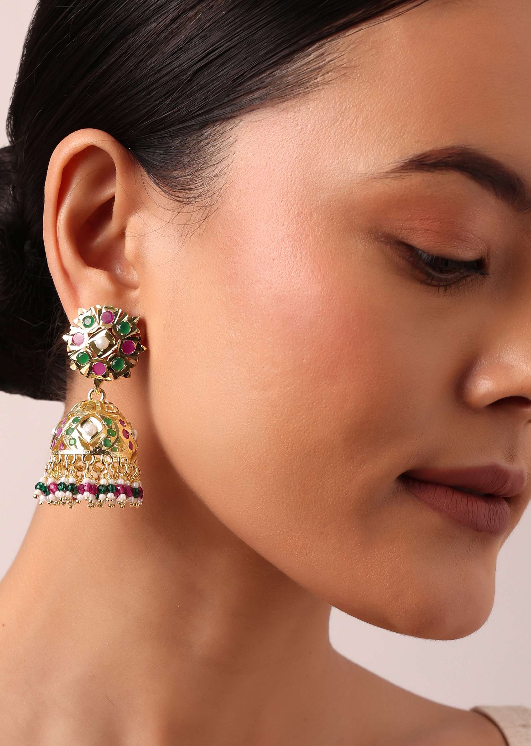 Gold Tone Kundan Jhumkas With Multi Bead Drops - Image 2