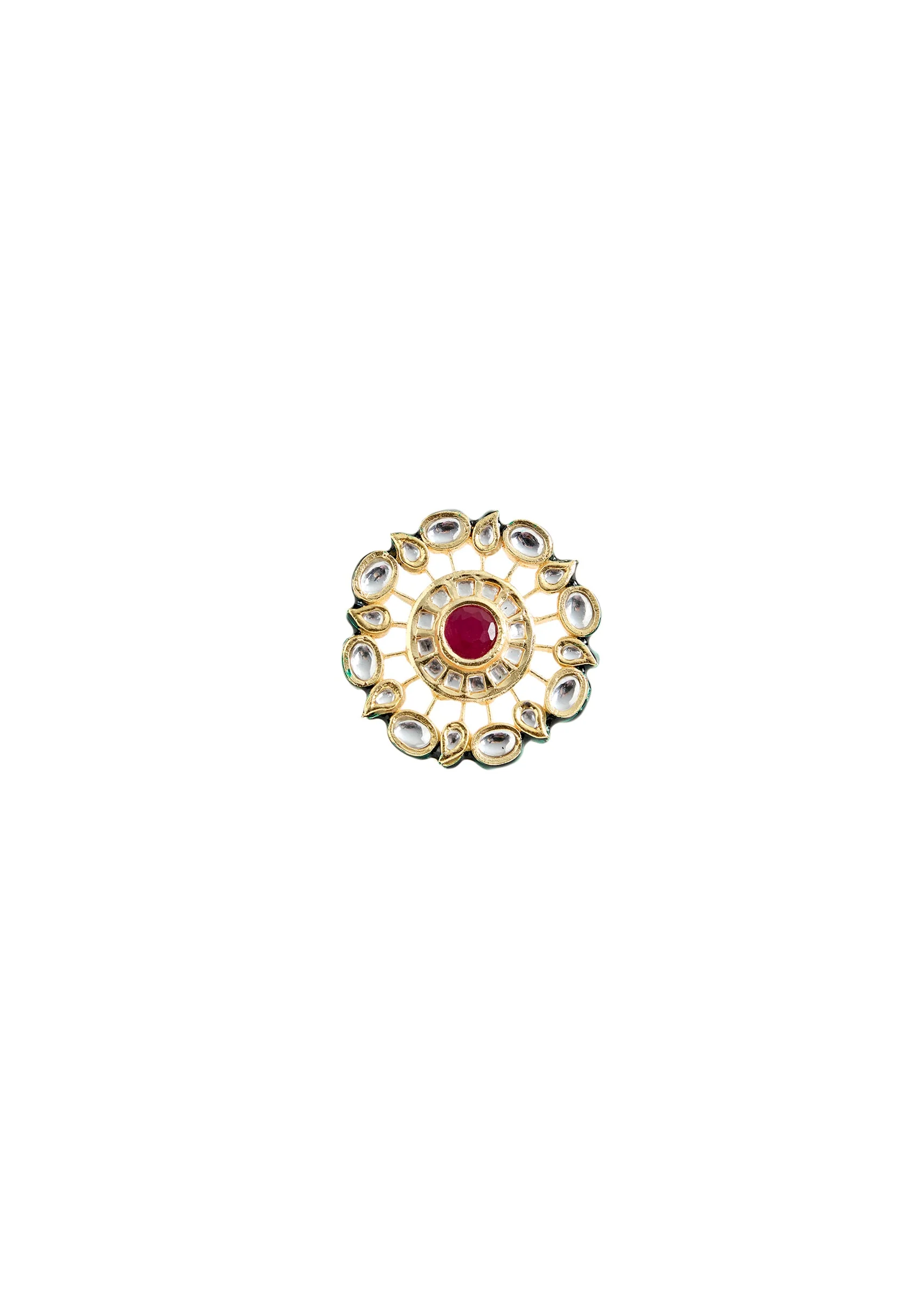 Gold Tone Oversized Ring With Red Stone and Kundan Detailing - Image 2
