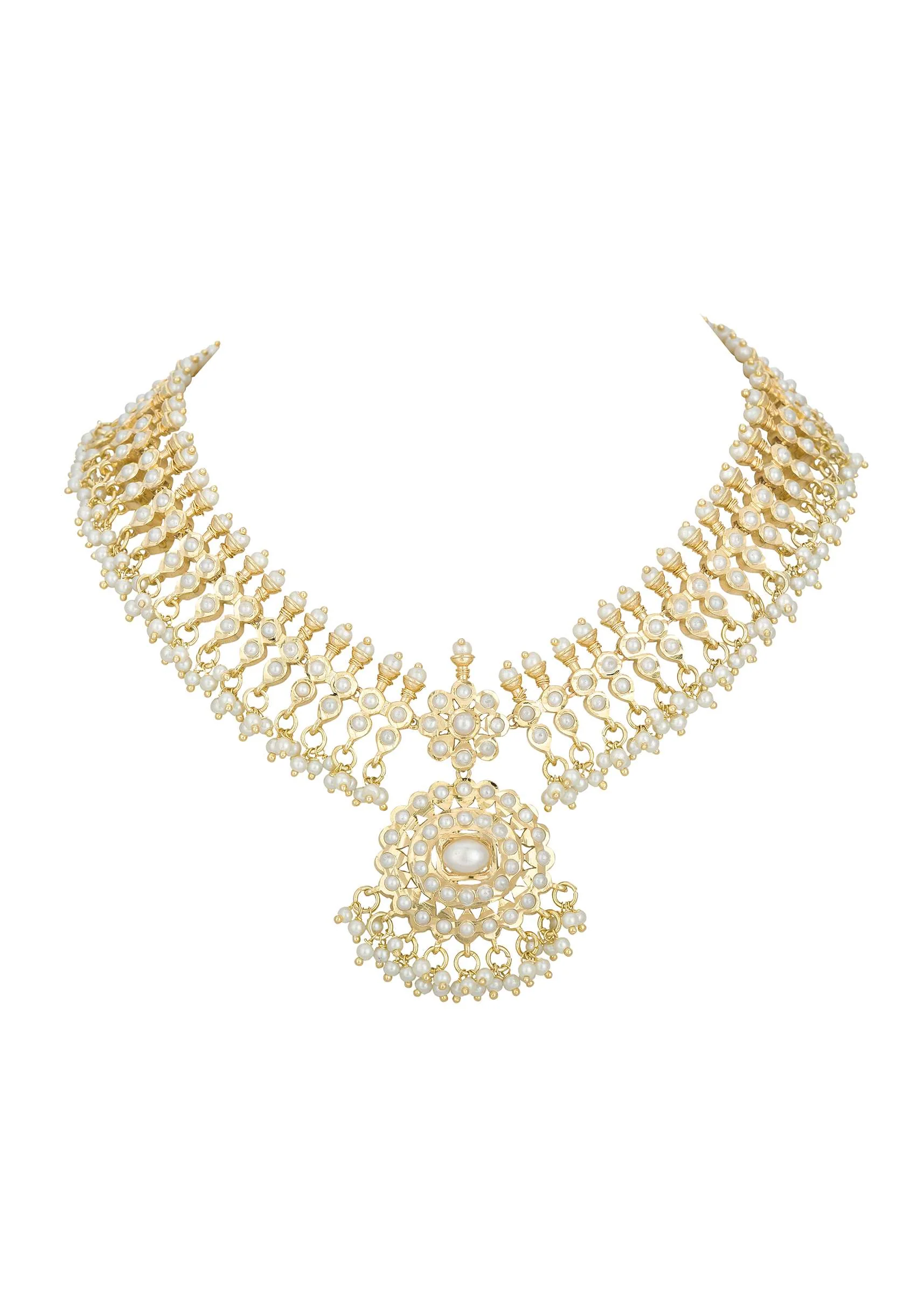 Gold Tone Pendant Kundan Necklace Set With Beads - Image 4