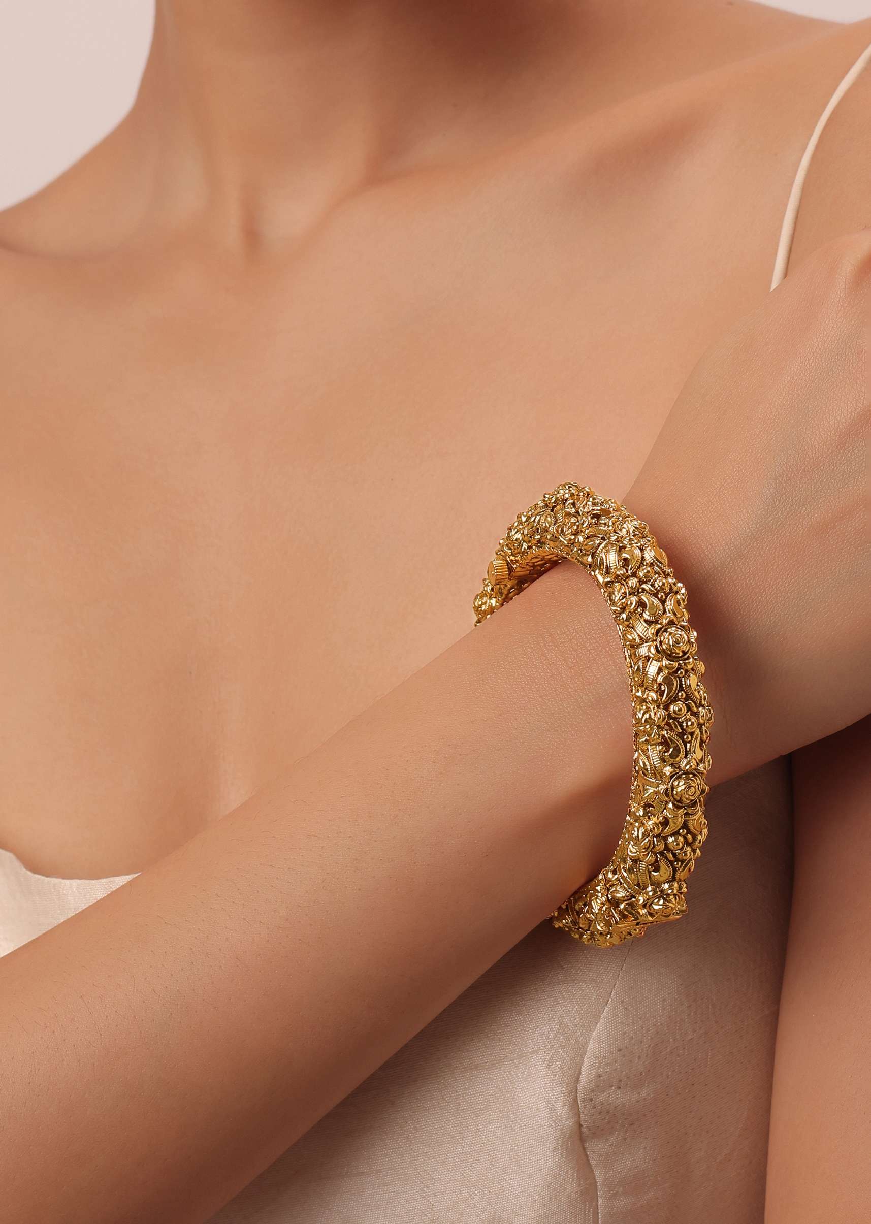 Gold Tone Temple Bangle With Carved Detail - Image 3