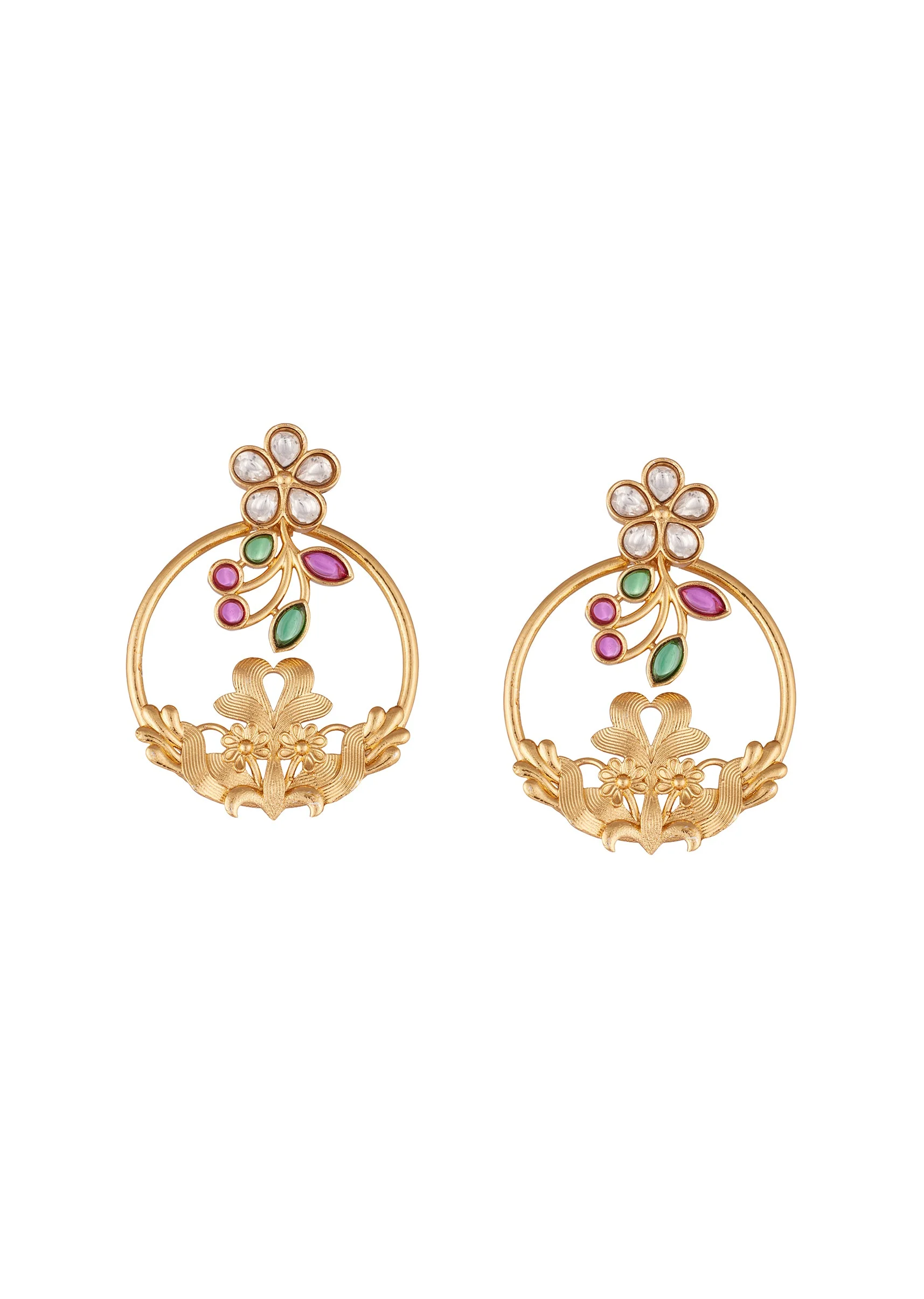 Gold Toned Earrings In Hoop Style With Kundan And Multi Stone Detailing - Image 2