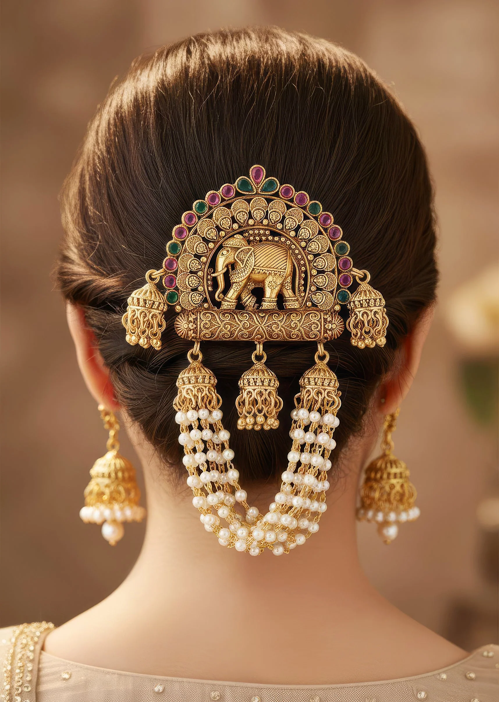 Gold Toned Hair Pin With Temple Style Motifs And White Pink and Green Simulated Stones