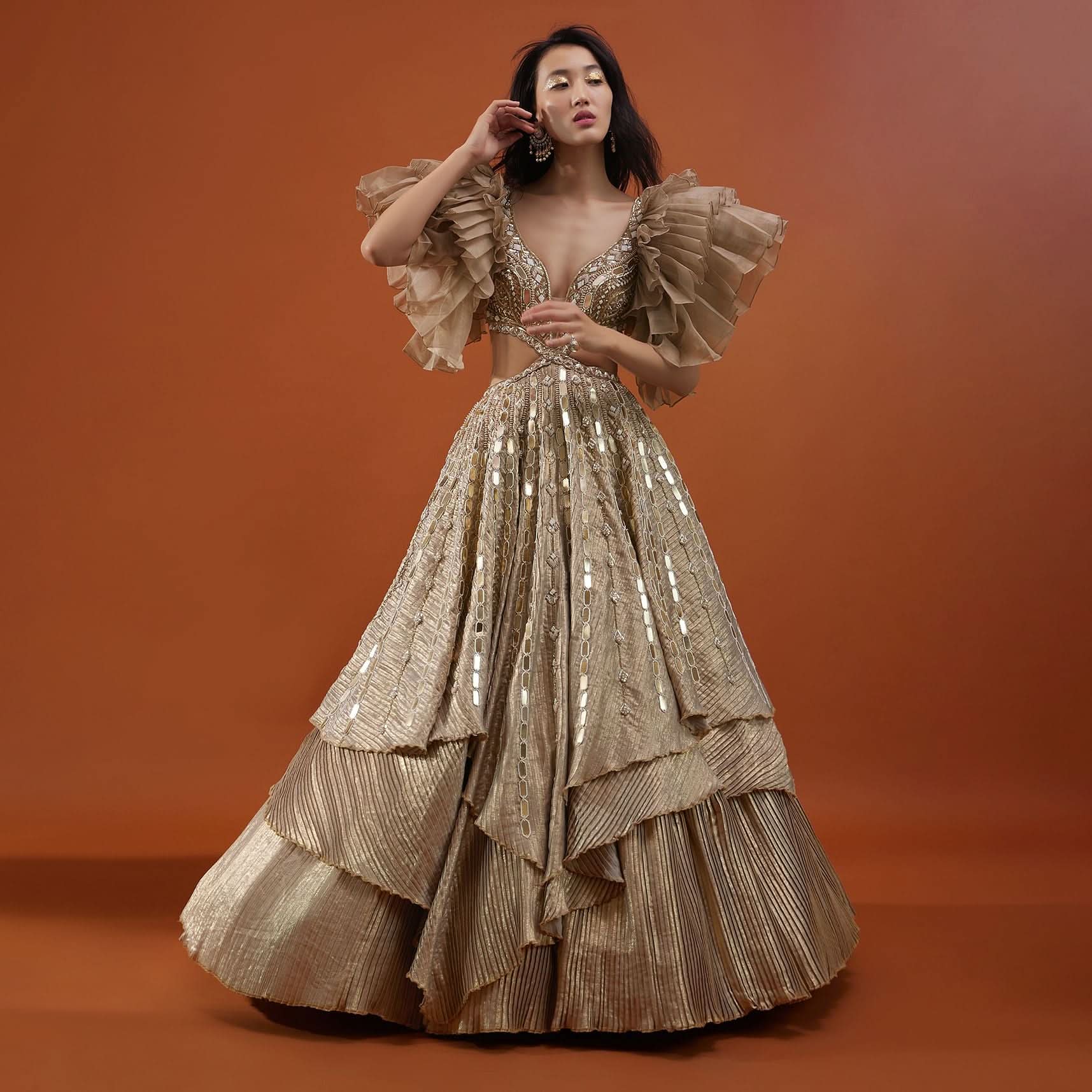 Gold Toned Kalki Gown With Ruffle Sleeves And Embroidery - NOOR 2022 - Image 3