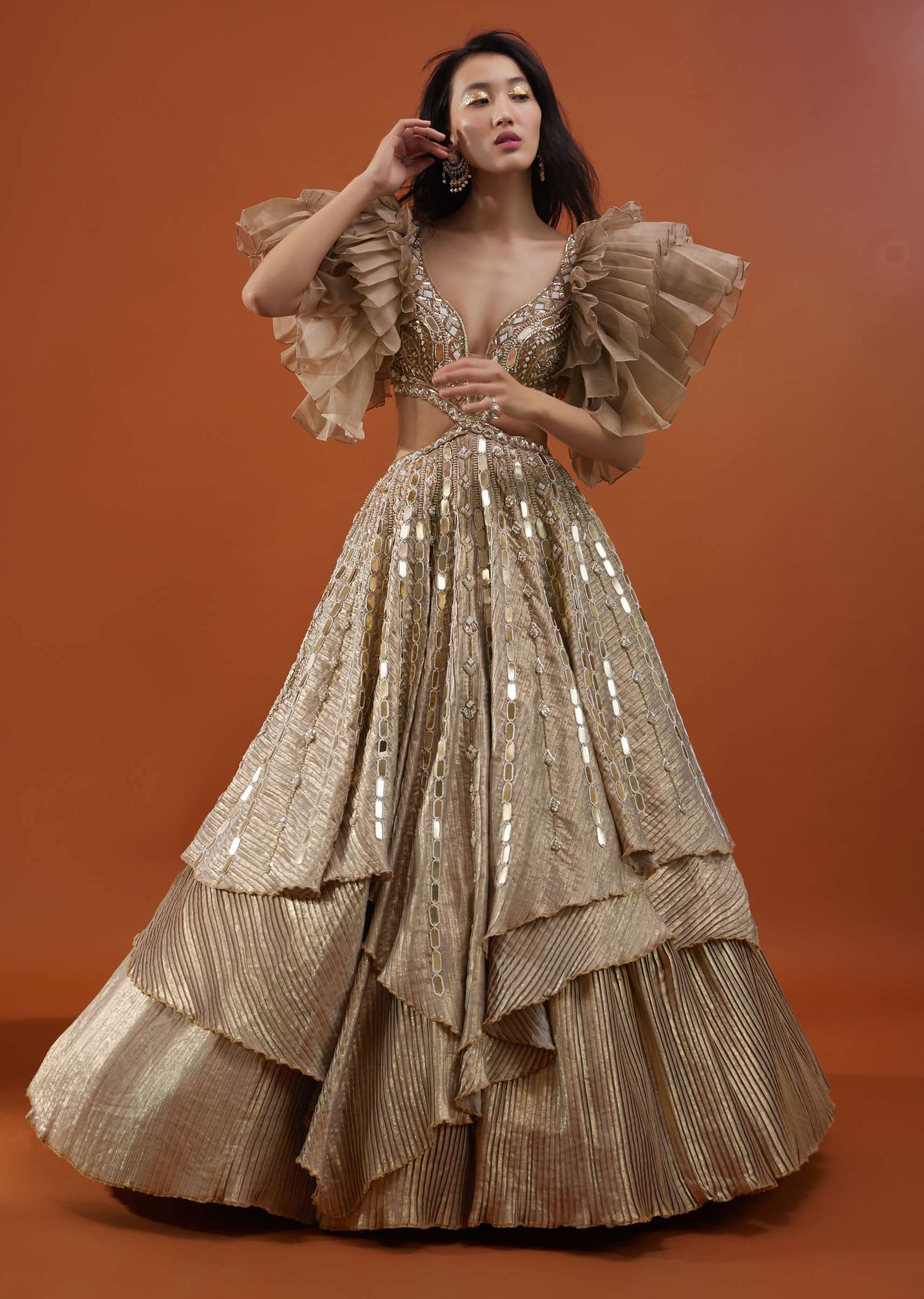 Gold Toned Kalki Gown With Ruffle Sleeves And Embroidery - NOOR 2022 - Image 4