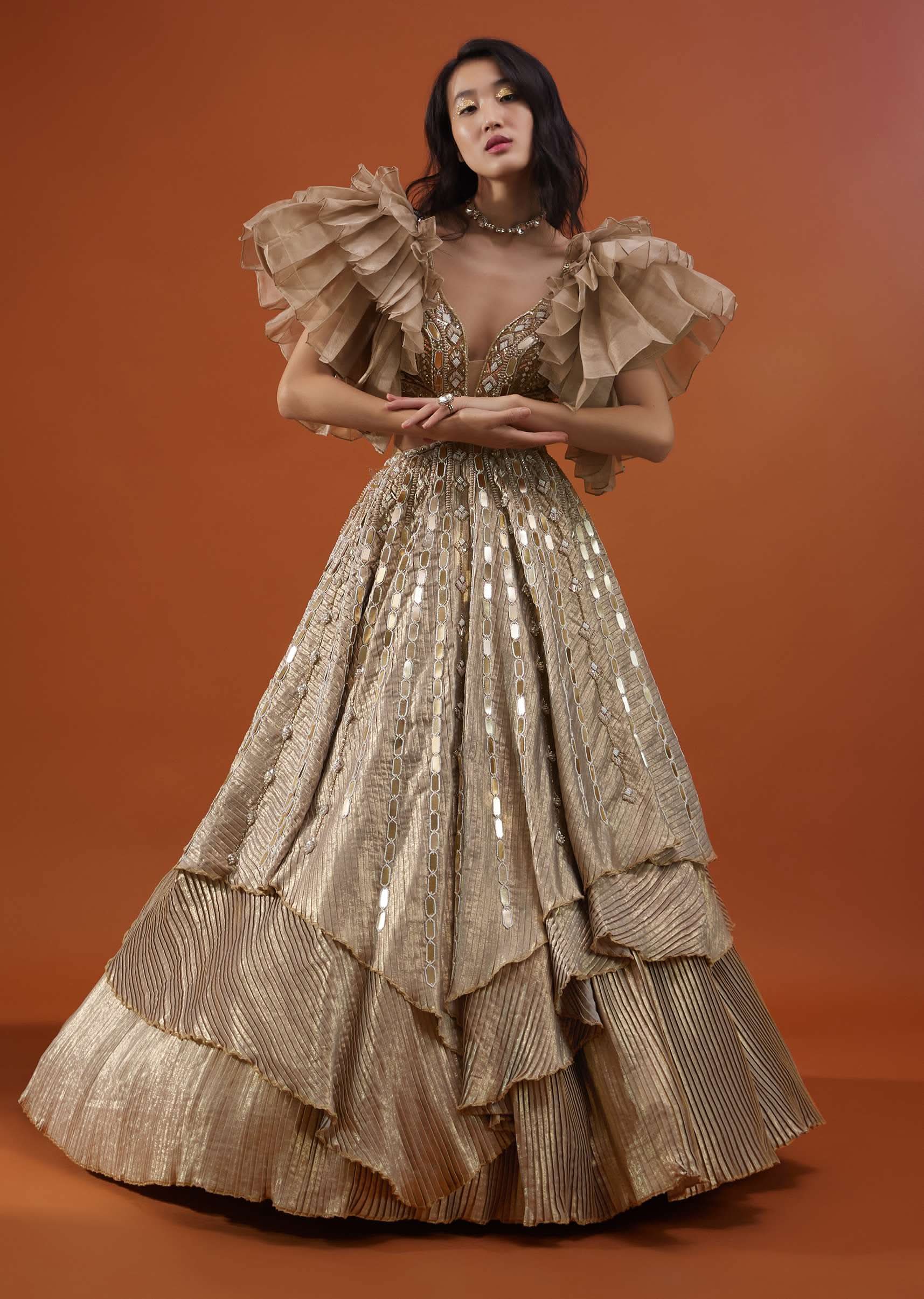 Gold Toned Kalki Gown With Ruffle Sleeves And Embroidery - NOOR 2022 - Image 5