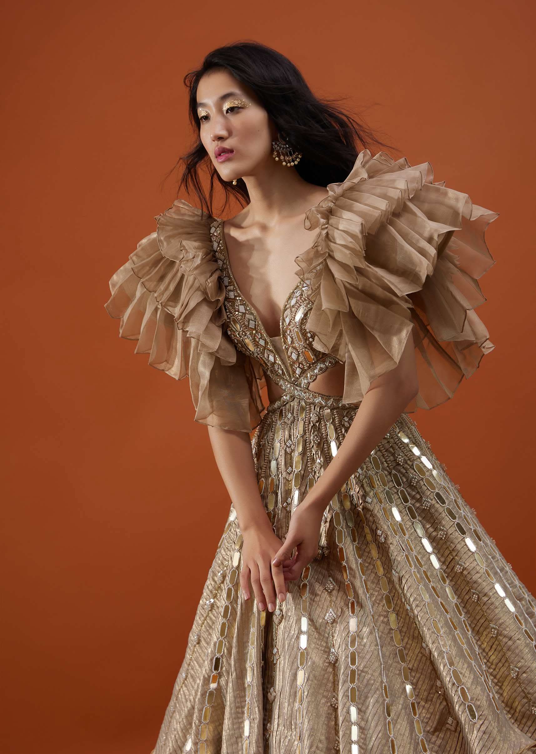 Gold Toned Kalki Gown With Ruffle Sleeves And Embroidery - NOOR 2022 - Image 6