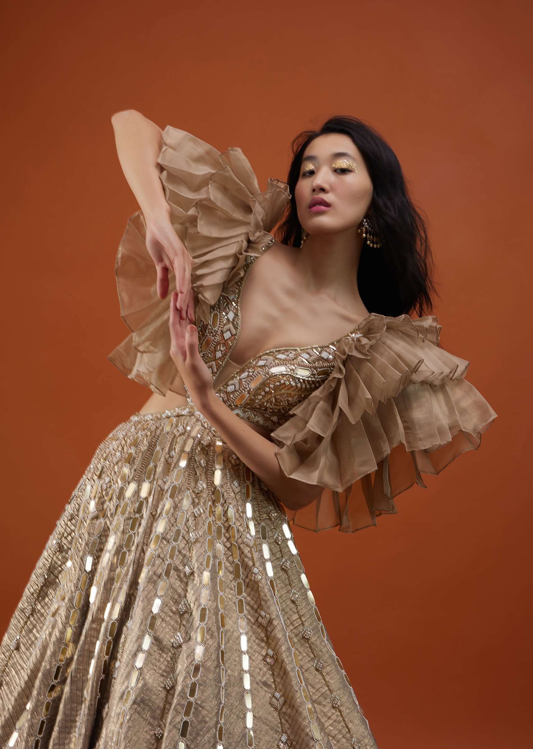 Gold Toned Kalki Gown With Ruffle Sleeves And Embroidery - NOOR 2022 - Image 7