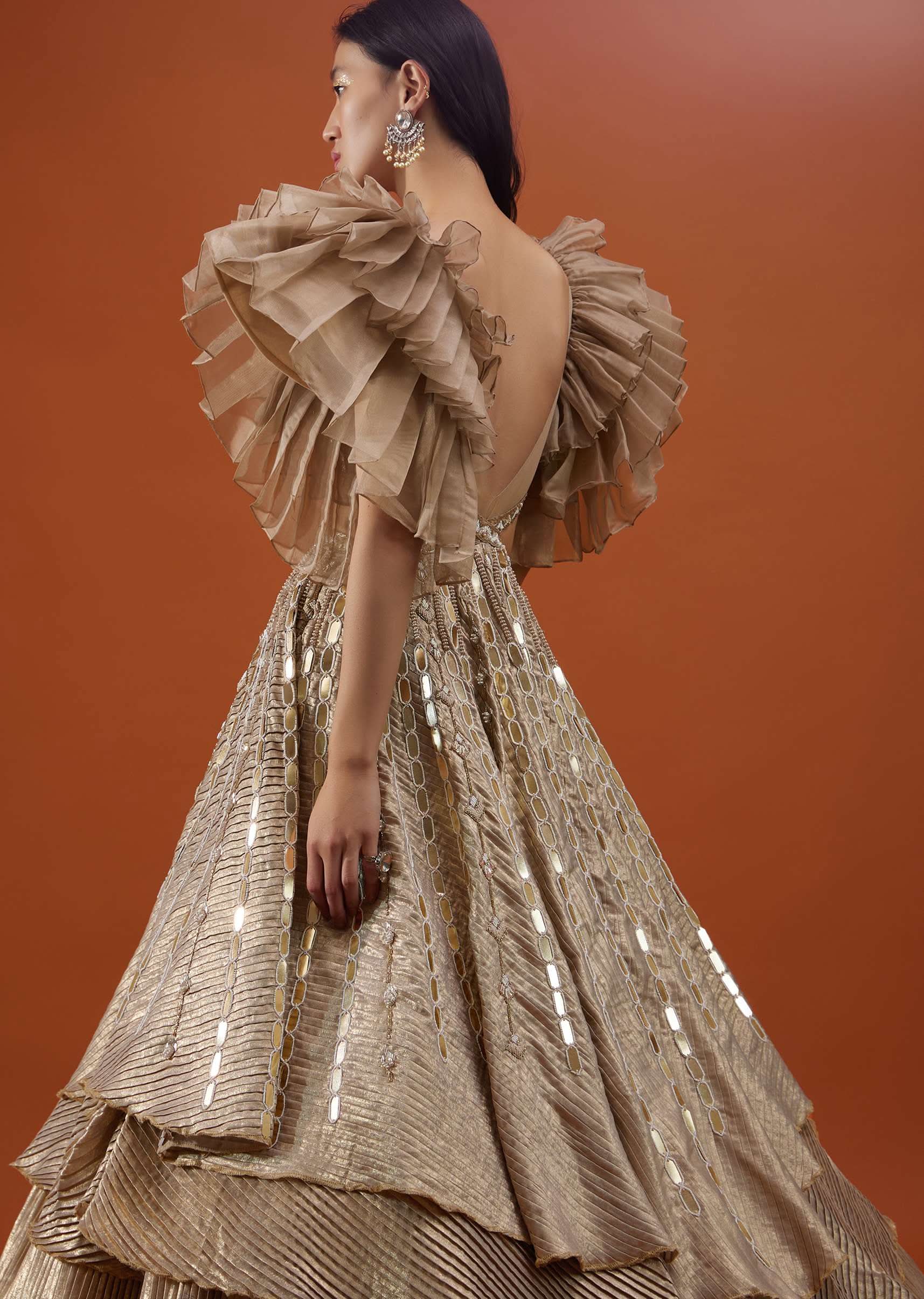 Gold Toned Kalki Gown With Ruffle Sleeves And Embroidery - NOOR 2022 - Image 8