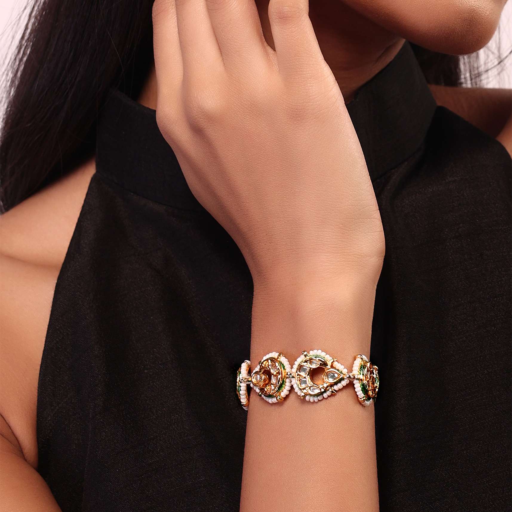 Gold Toned Kundan And Pearl Bracelet - Image 2