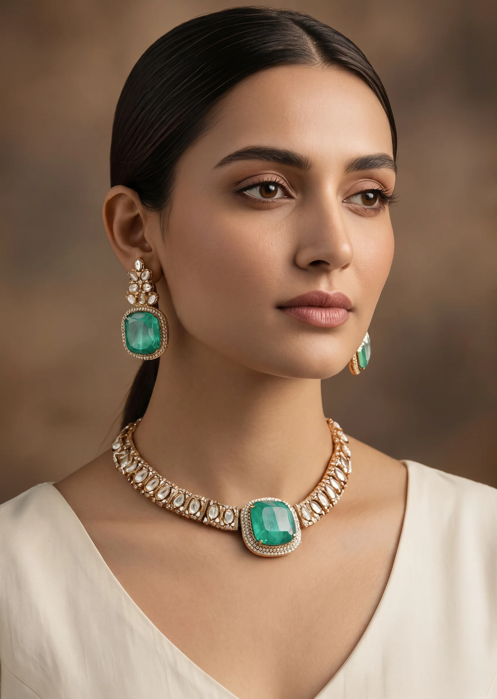 Gold Toned Mint Green Stone Necklace Set