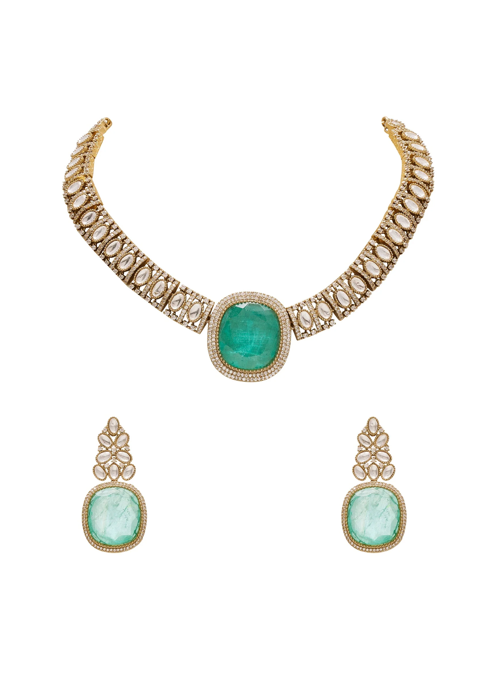 Gold Toned Mint Green Stone Necklace Set - Image 2