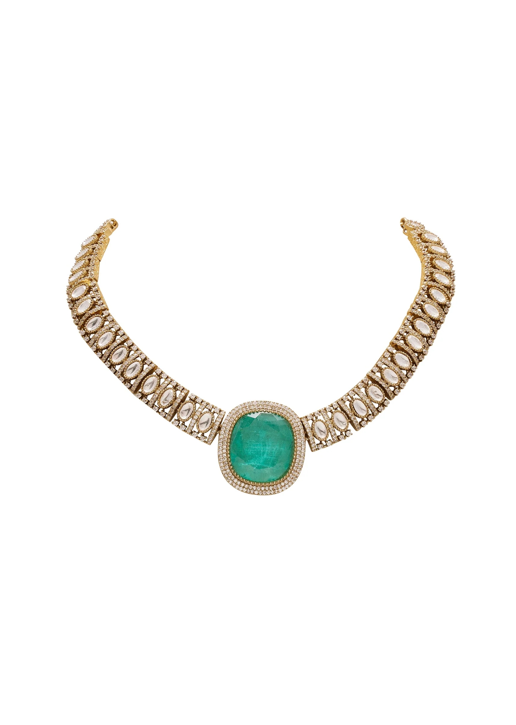 Gold Toned Mint Green Stone Necklace Set - Image 3