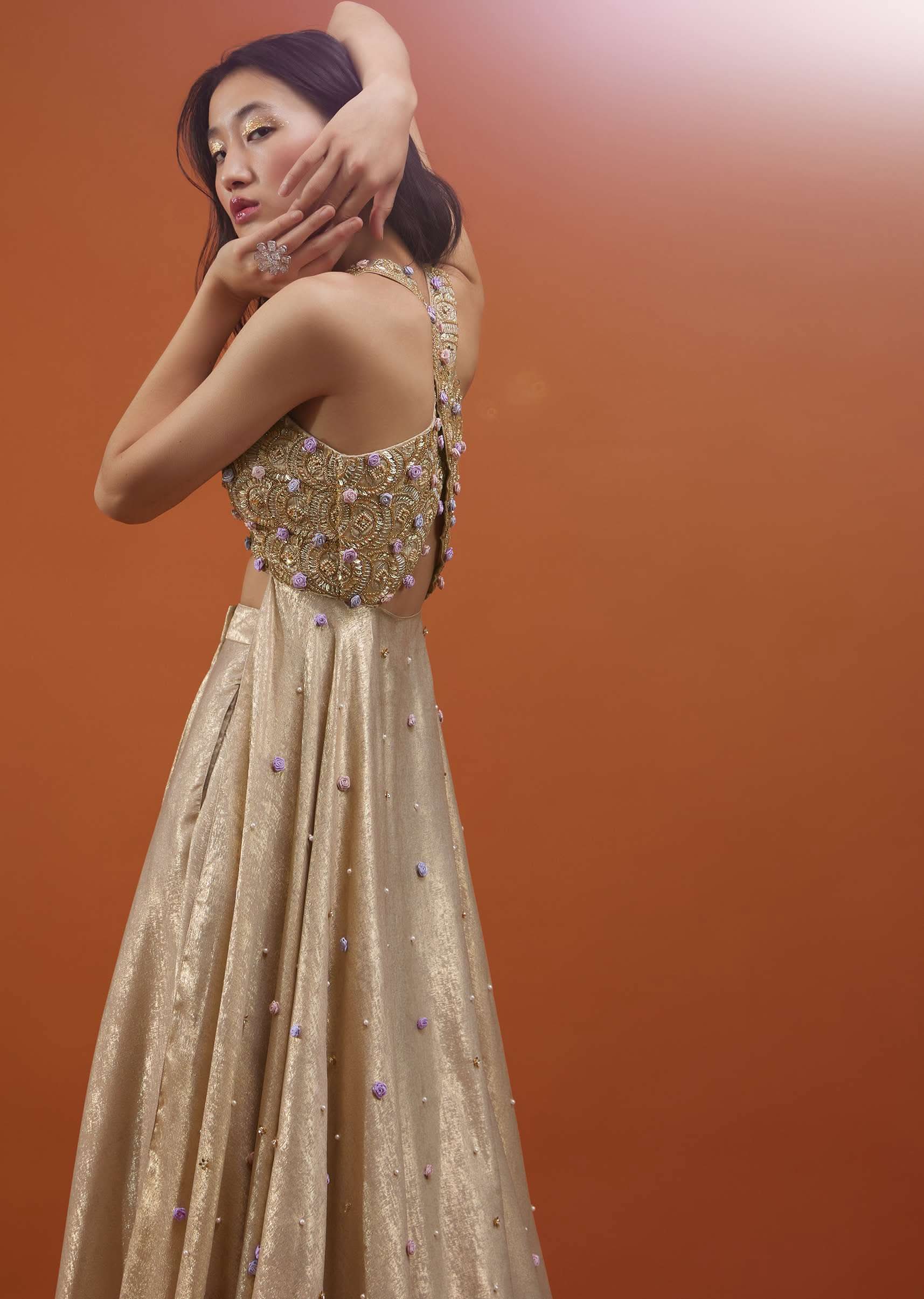 Gold Toned Palazzo Top In With Attached Cape - NOOR 2022