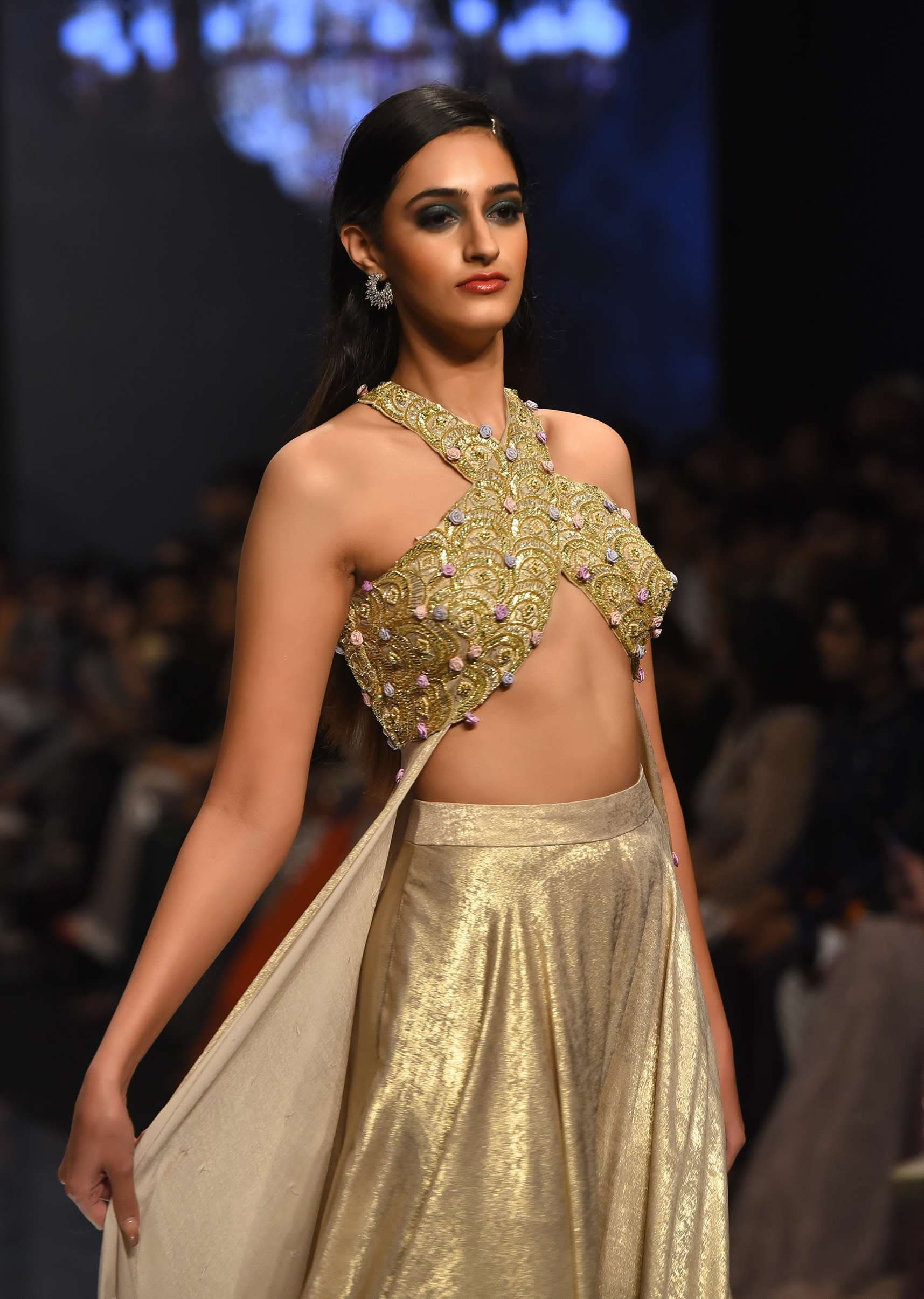 Gold Toned Palazzo Top In With Attached Cape - NOOR 2022 - Image 2