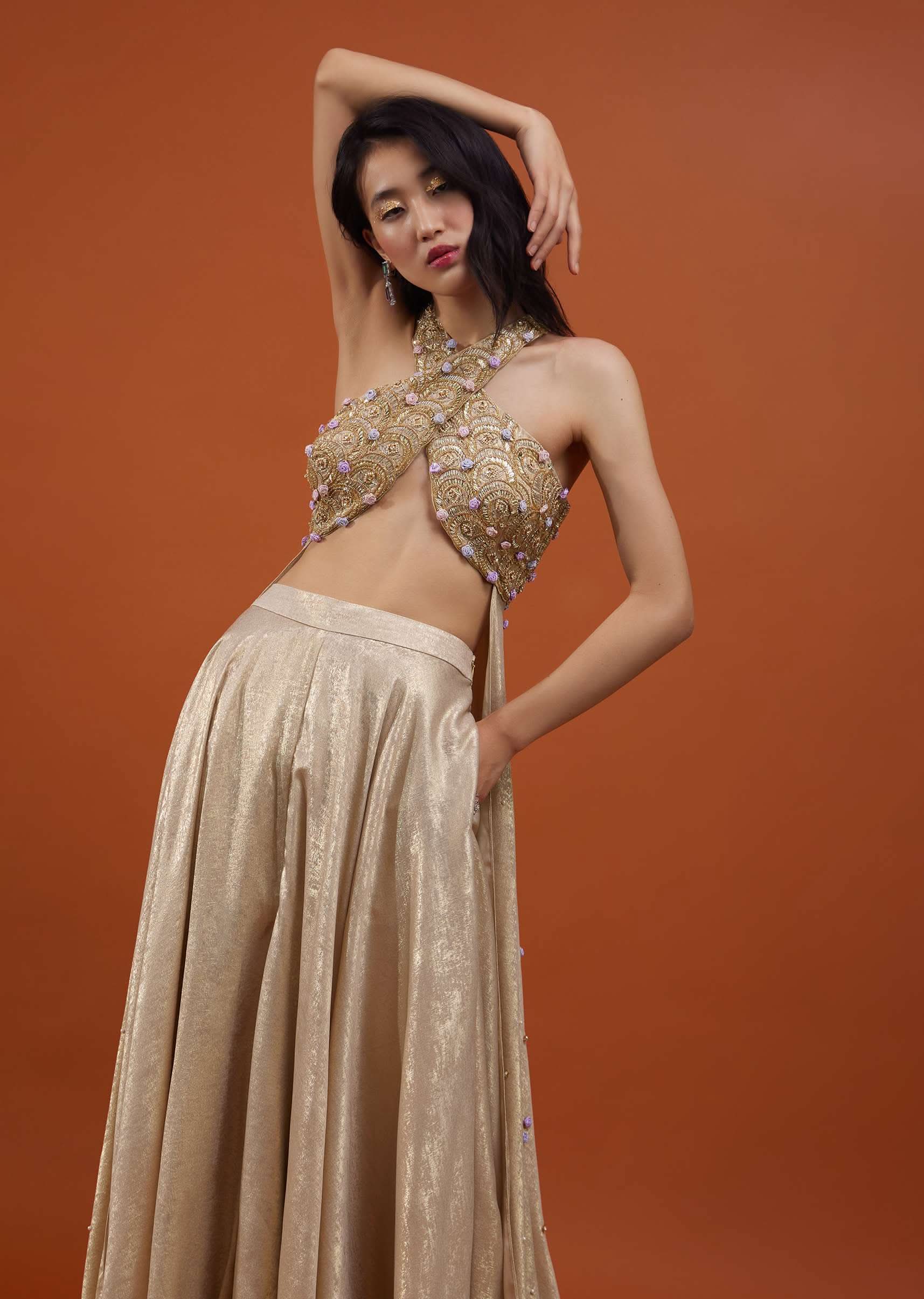 Gold Toned Palazzo Top In With Attached Cape - NOOR 2022 - Image 2