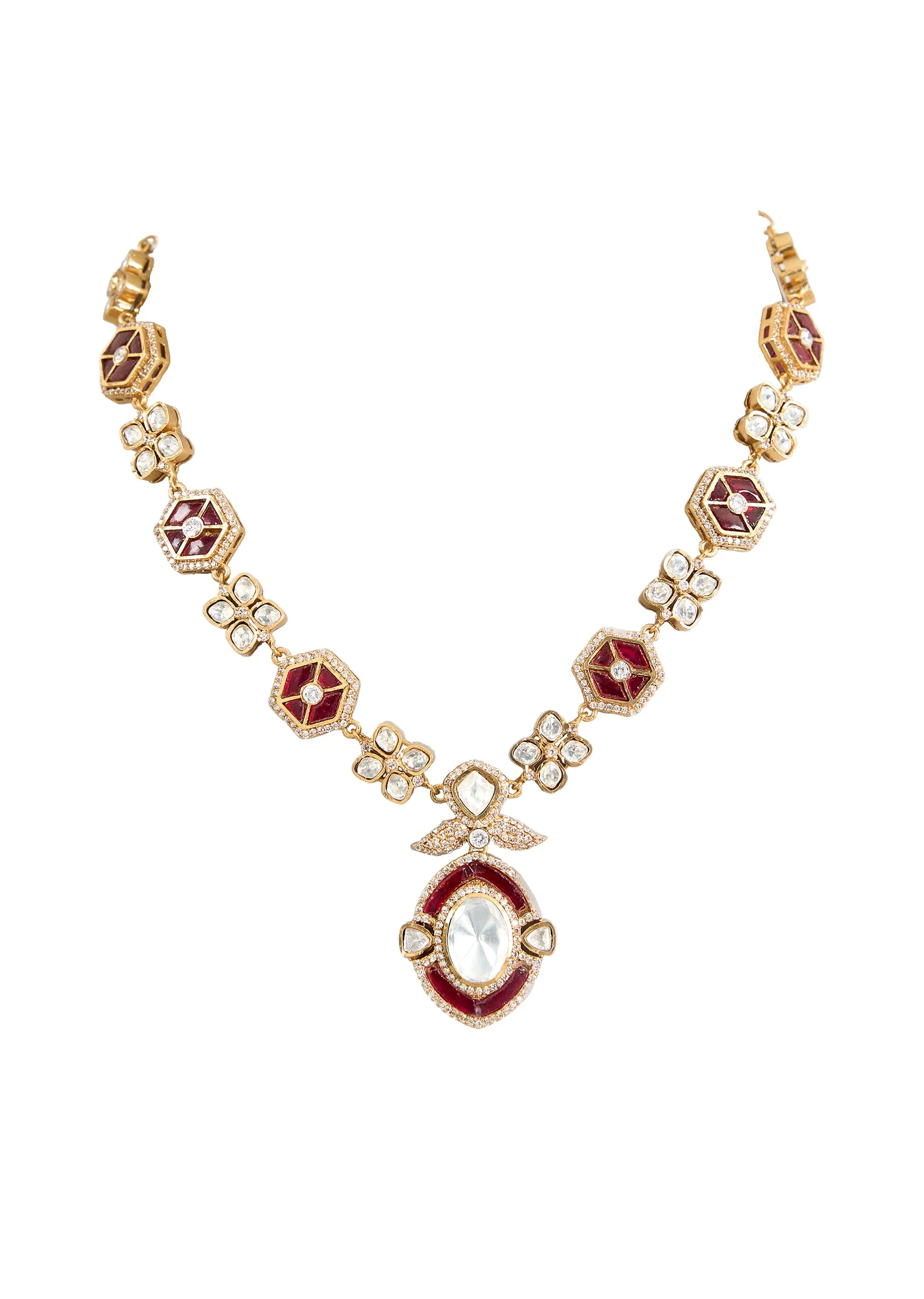 Gold Toned Polki Necklace Set With Matching Studs - Image 3