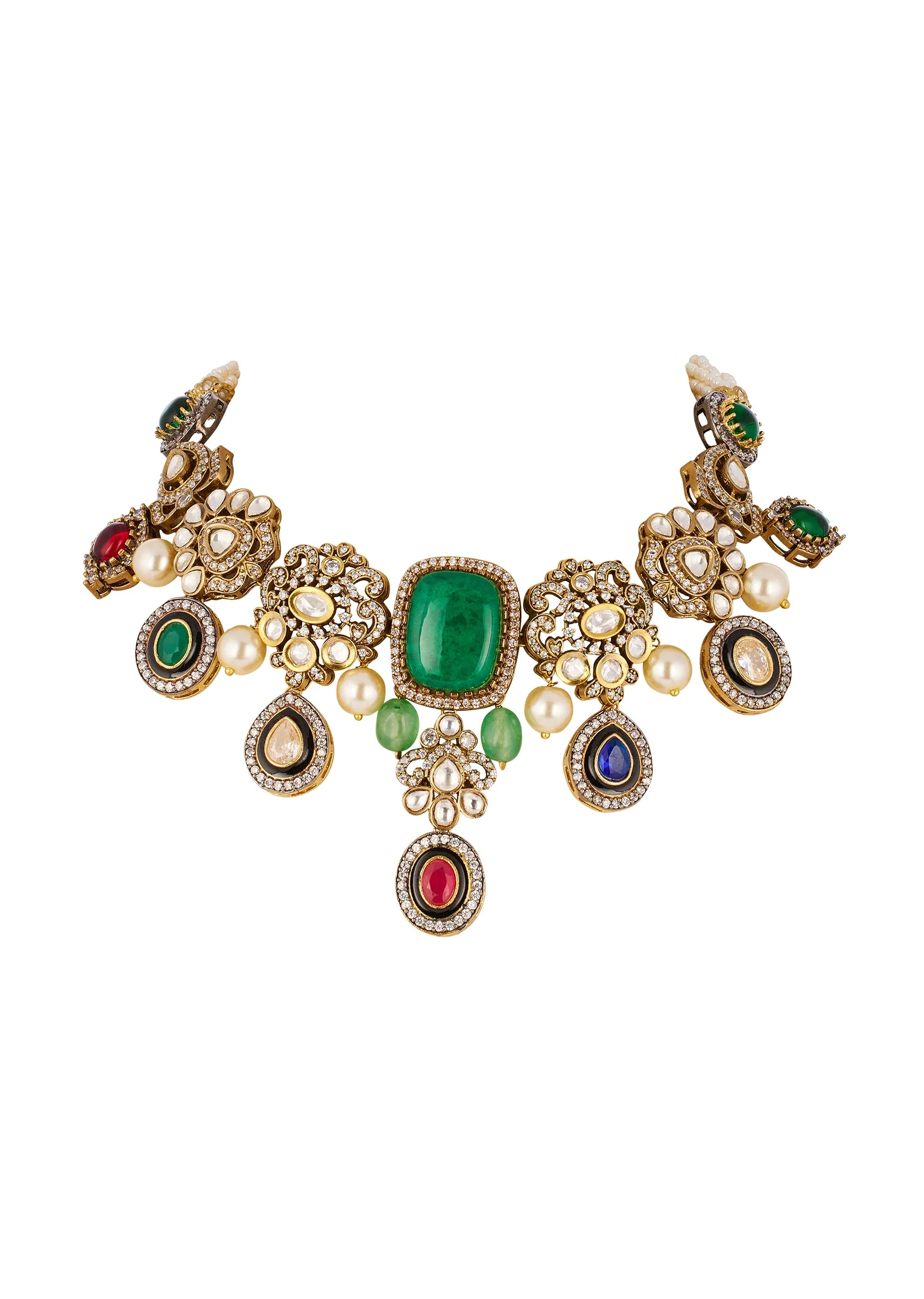 Gold Traditional Mordern Polki Necklace Set with Faux Simulated Coloured Stones - Image 2