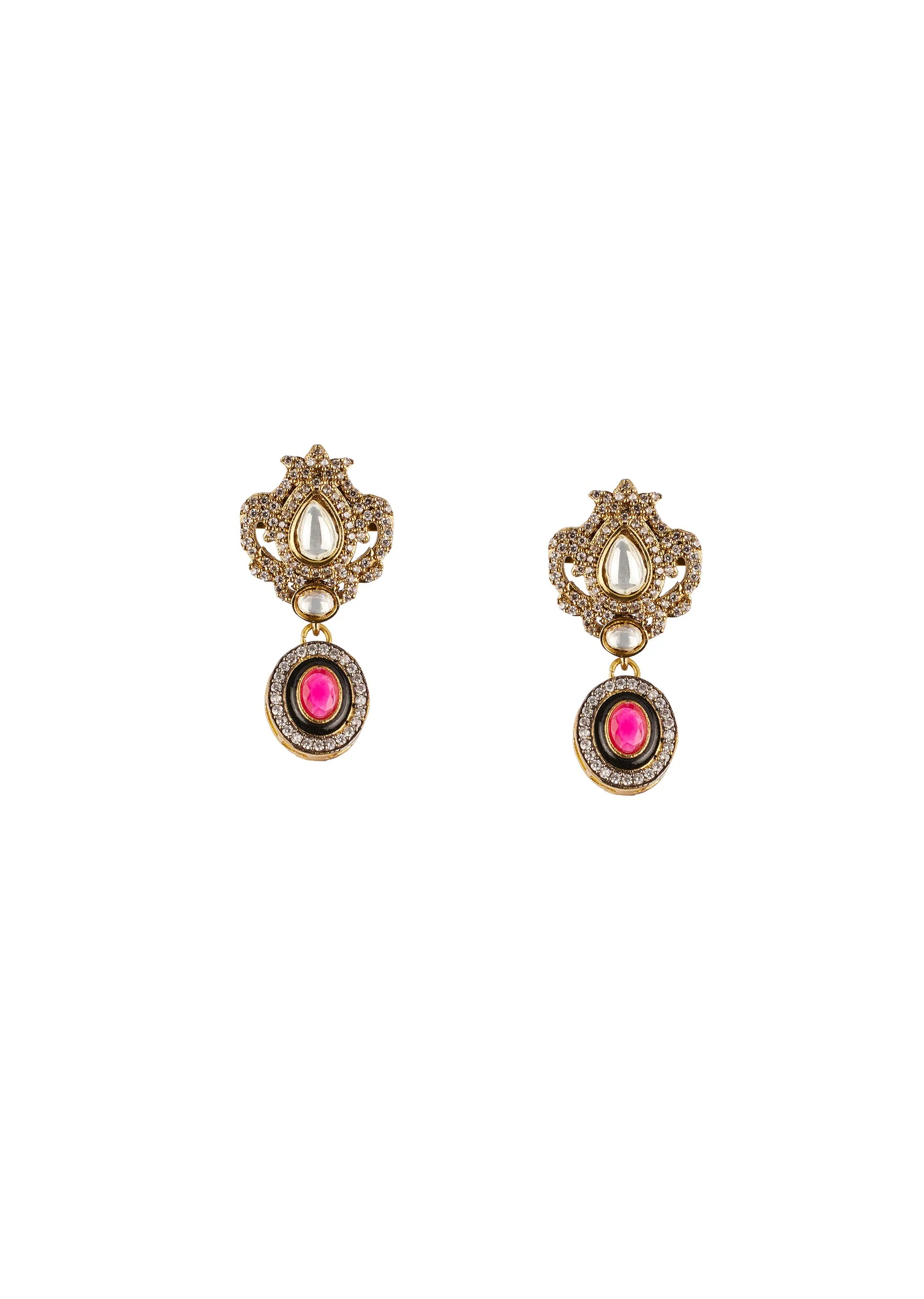 Gold Traditional Mordern Polki Necklace Set with Faux Simulated Coloured Stones - Image 3