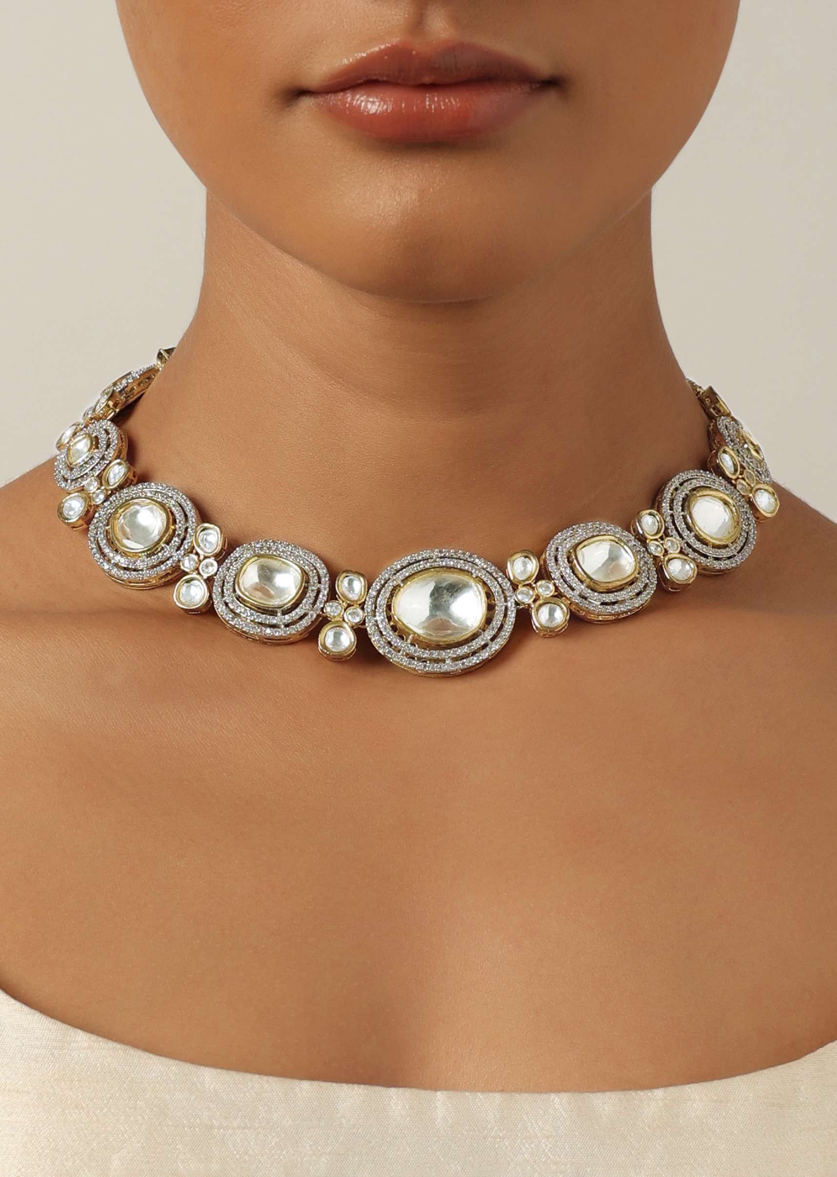 Gold Two Tone Necklace Set With Studded Polki - Image 2