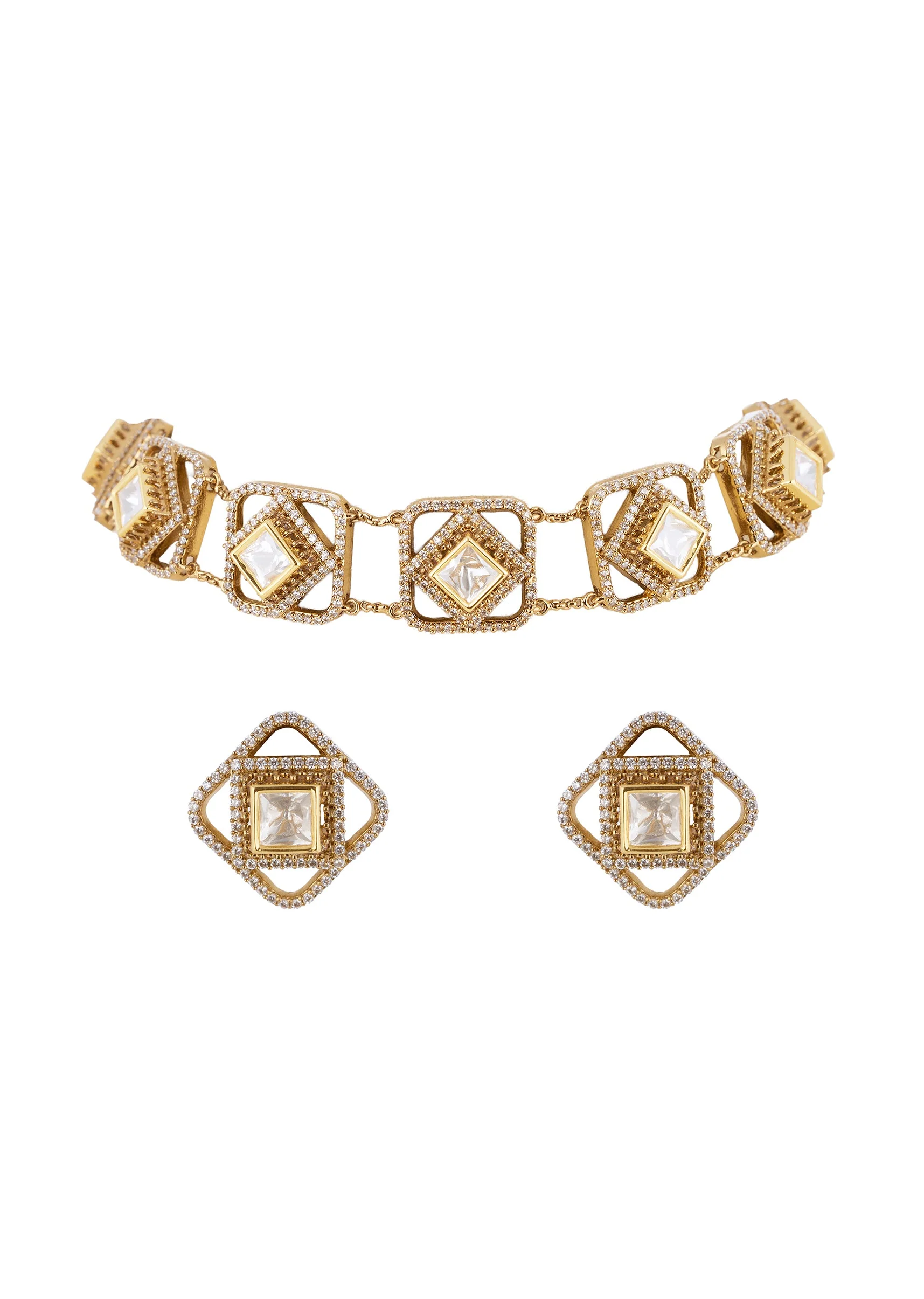 Gold White Necklace Set With Kundan Detail - Image 2