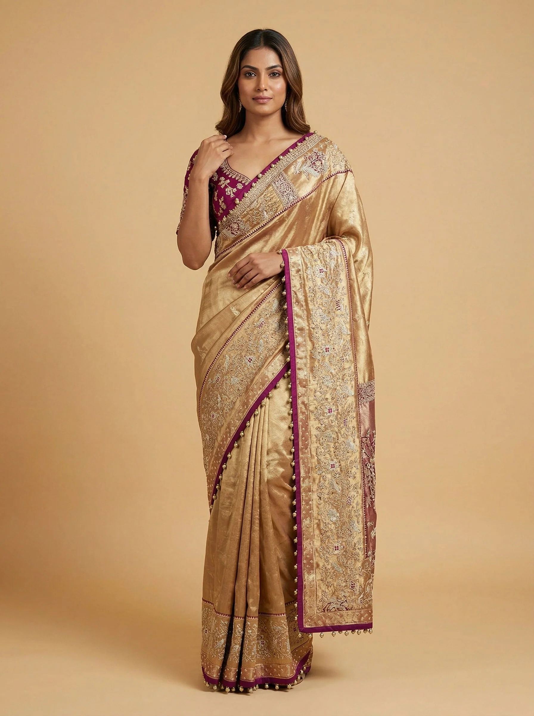 Gold Wine Festive Embroidered Saree