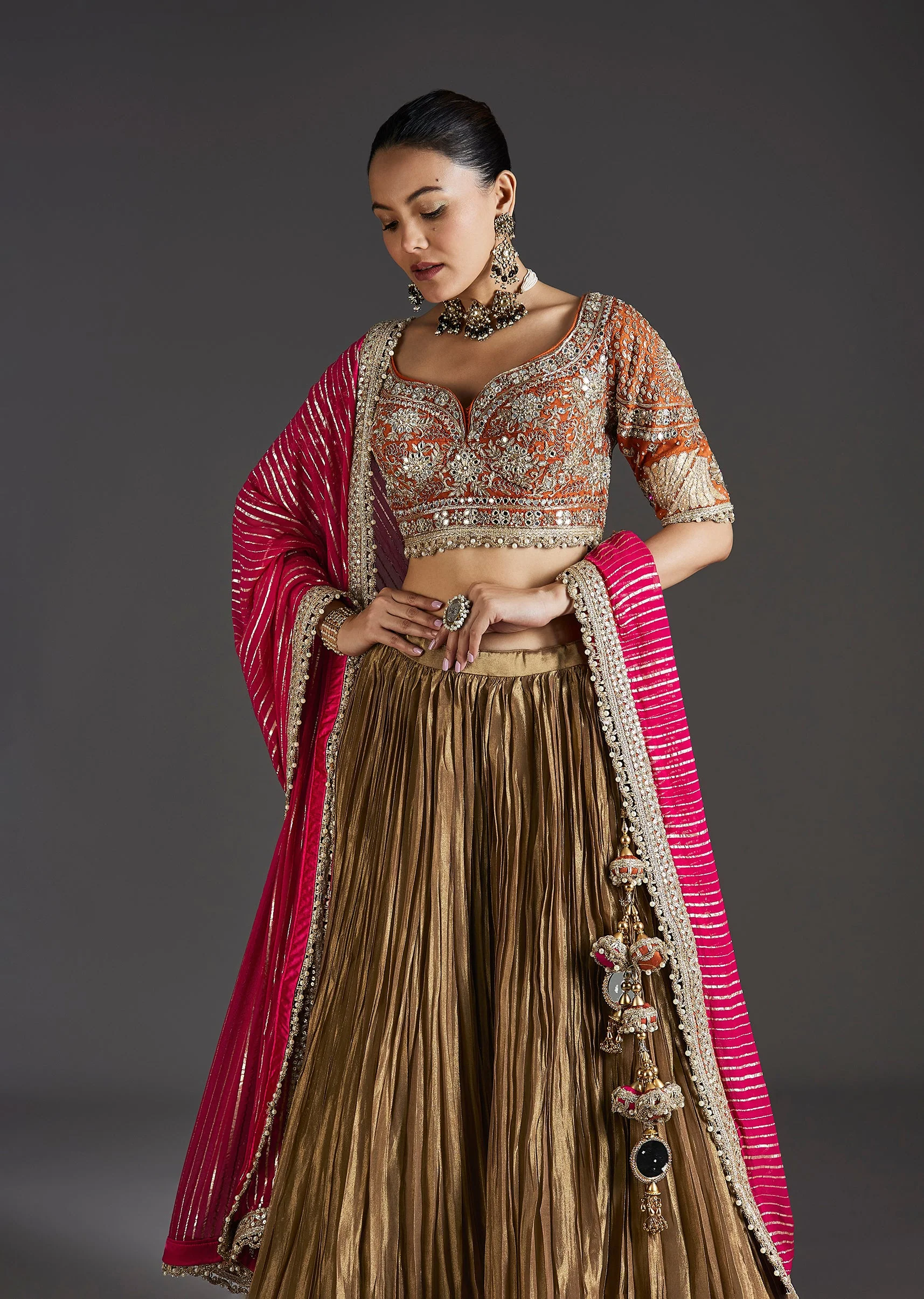 Gold Zardosi And Mirror Work Embroidered Lehenga - Image 5