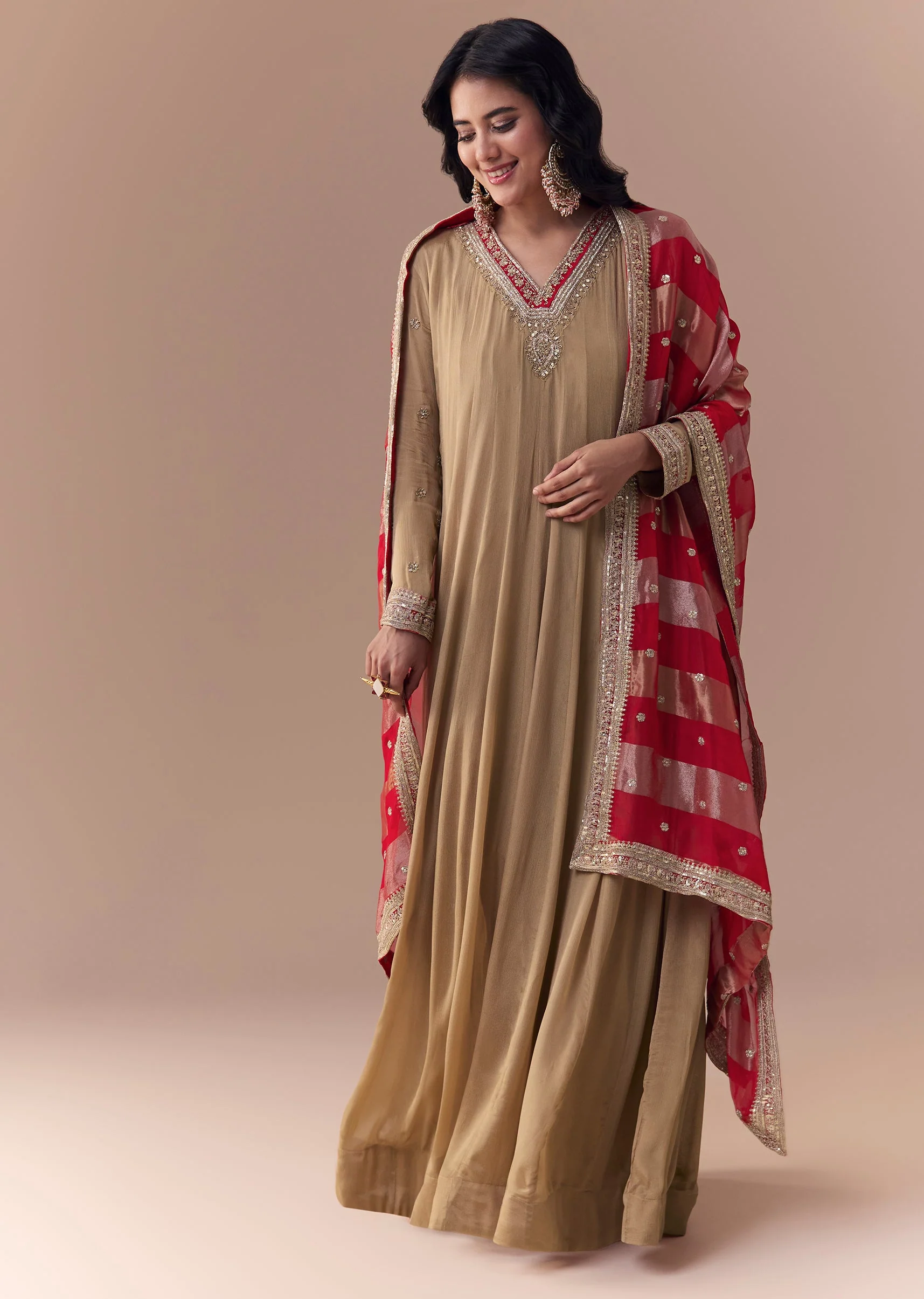 Gold Zardozi Embellished Anarkali with Dupatta