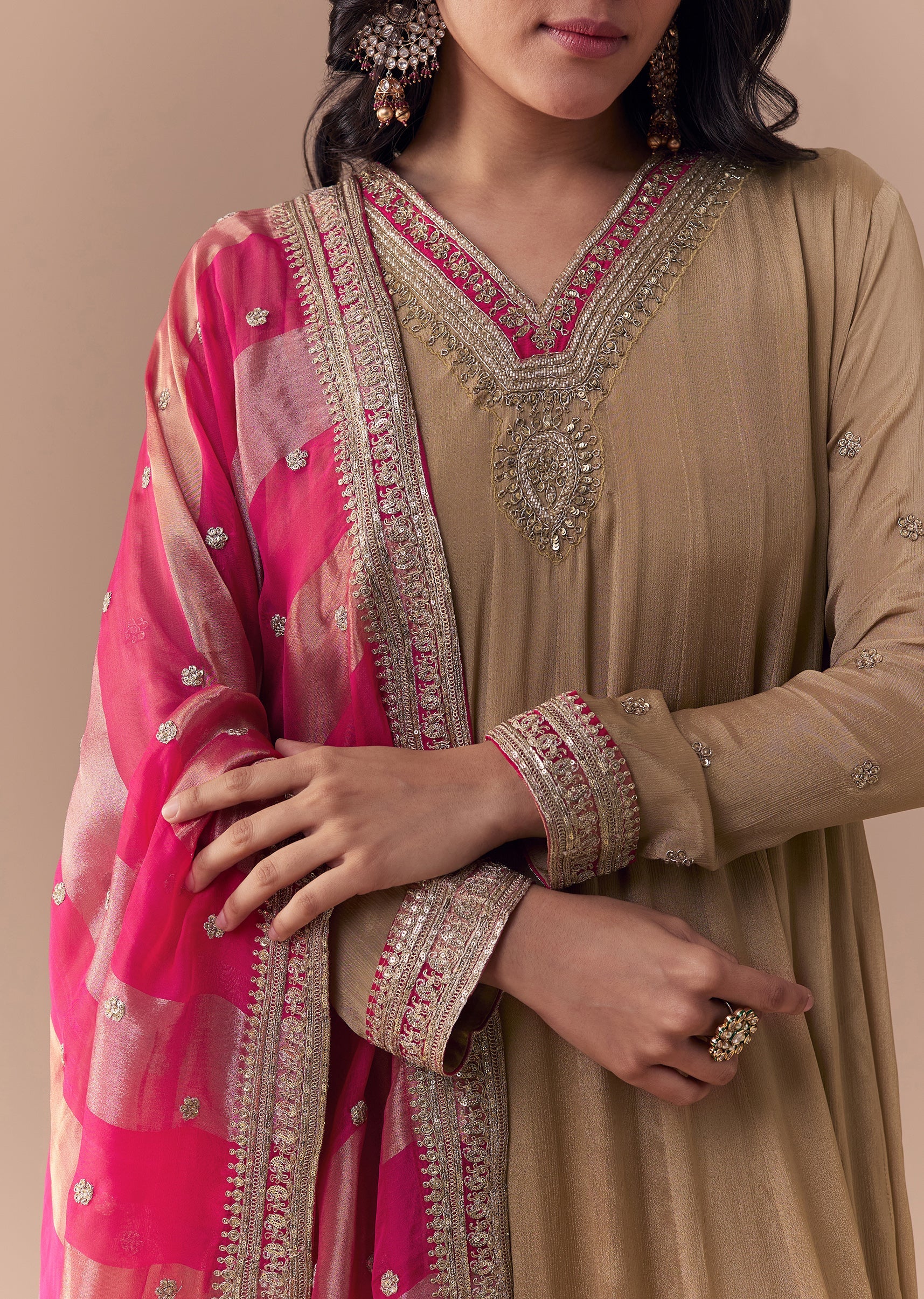 Gold Zardozi Embellished Chinon Anarkali with Dupatta - Image 2