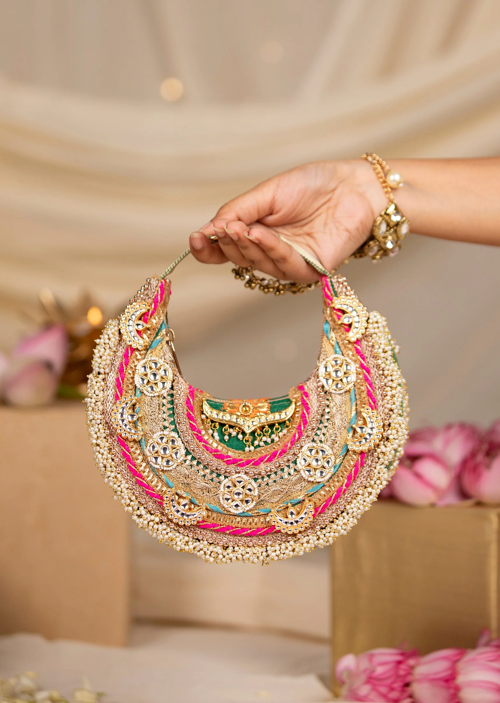 Gold Zardozi Embroidered Bag with Bead Tassels
