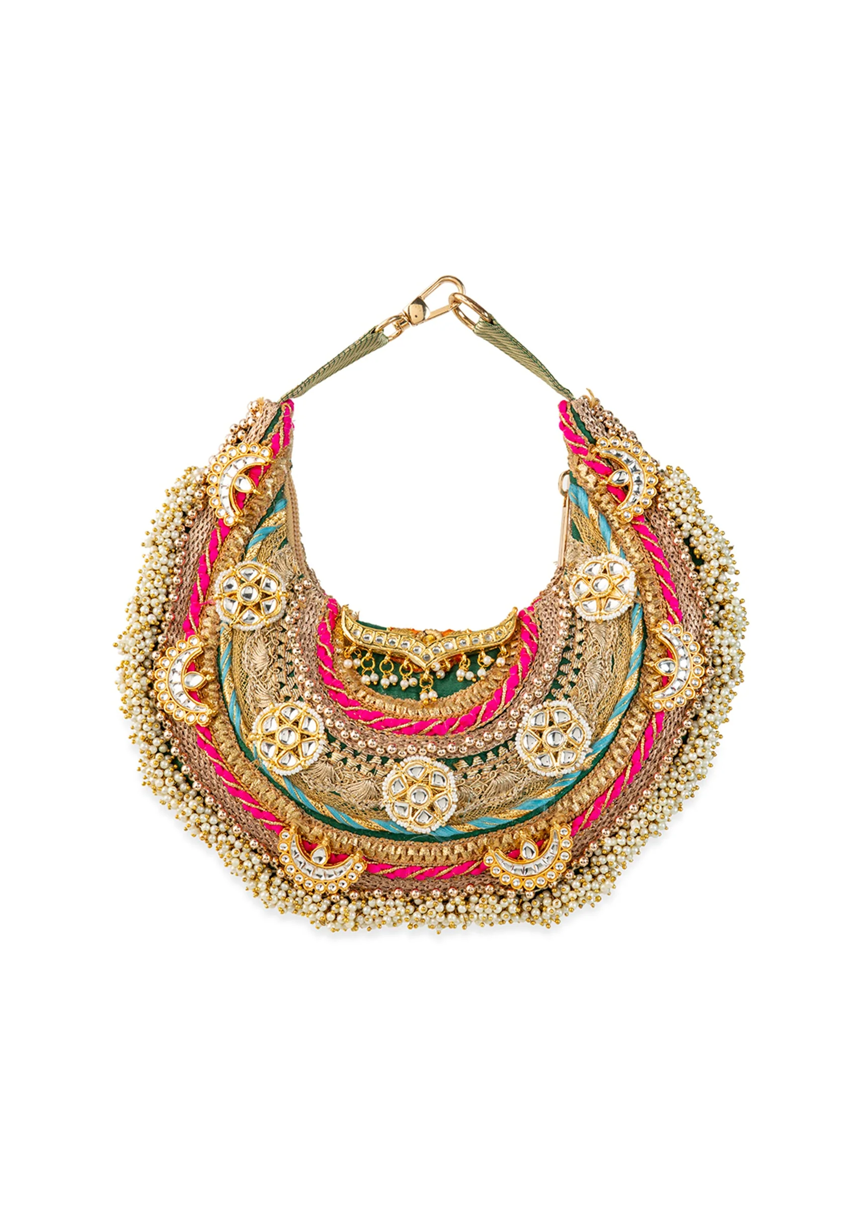 Gold Zardozi Embroidered Bag with Bead Tassels - Image 3