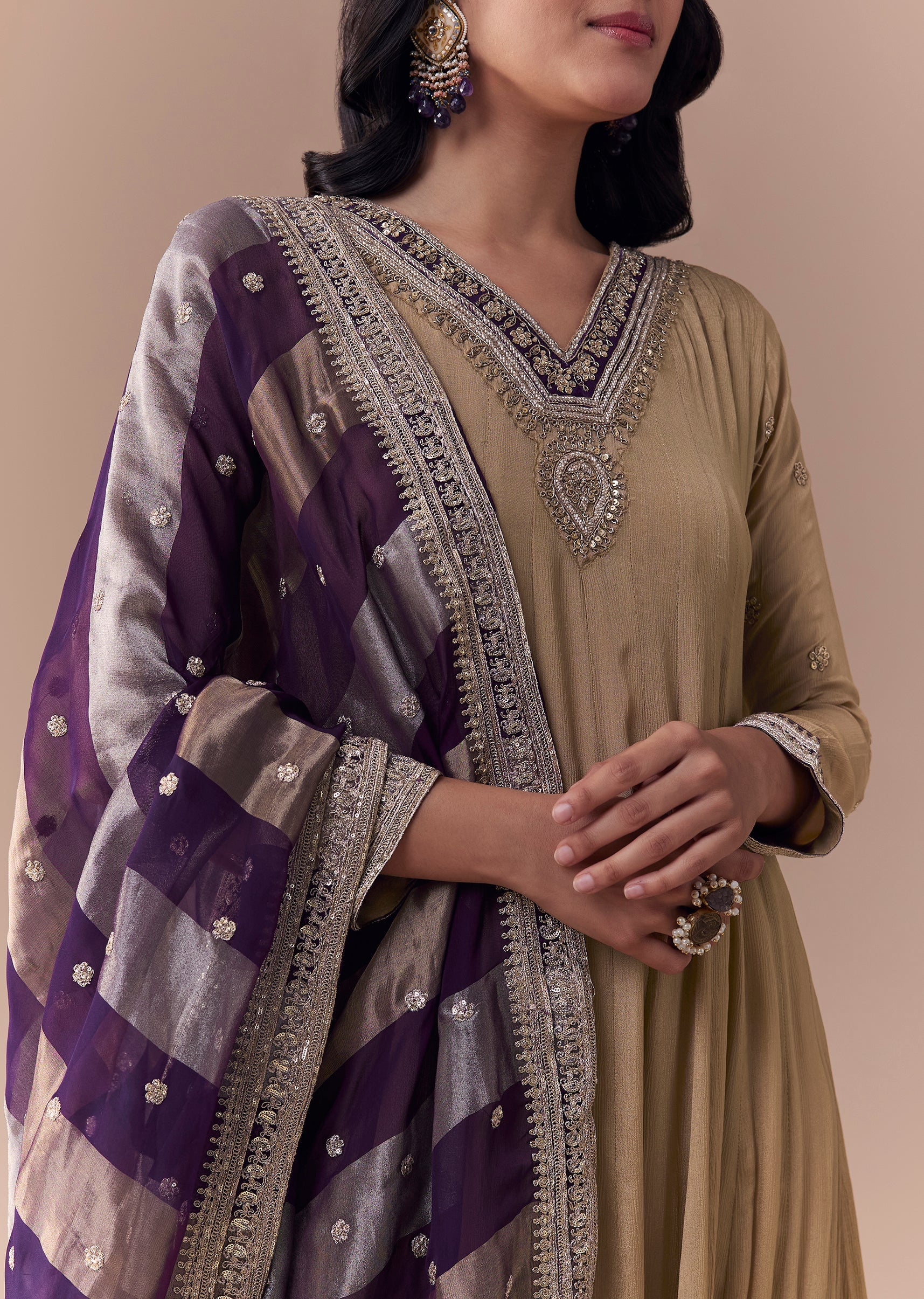 Gold Zardozi Work Anarkali with Dupatta - Image 2