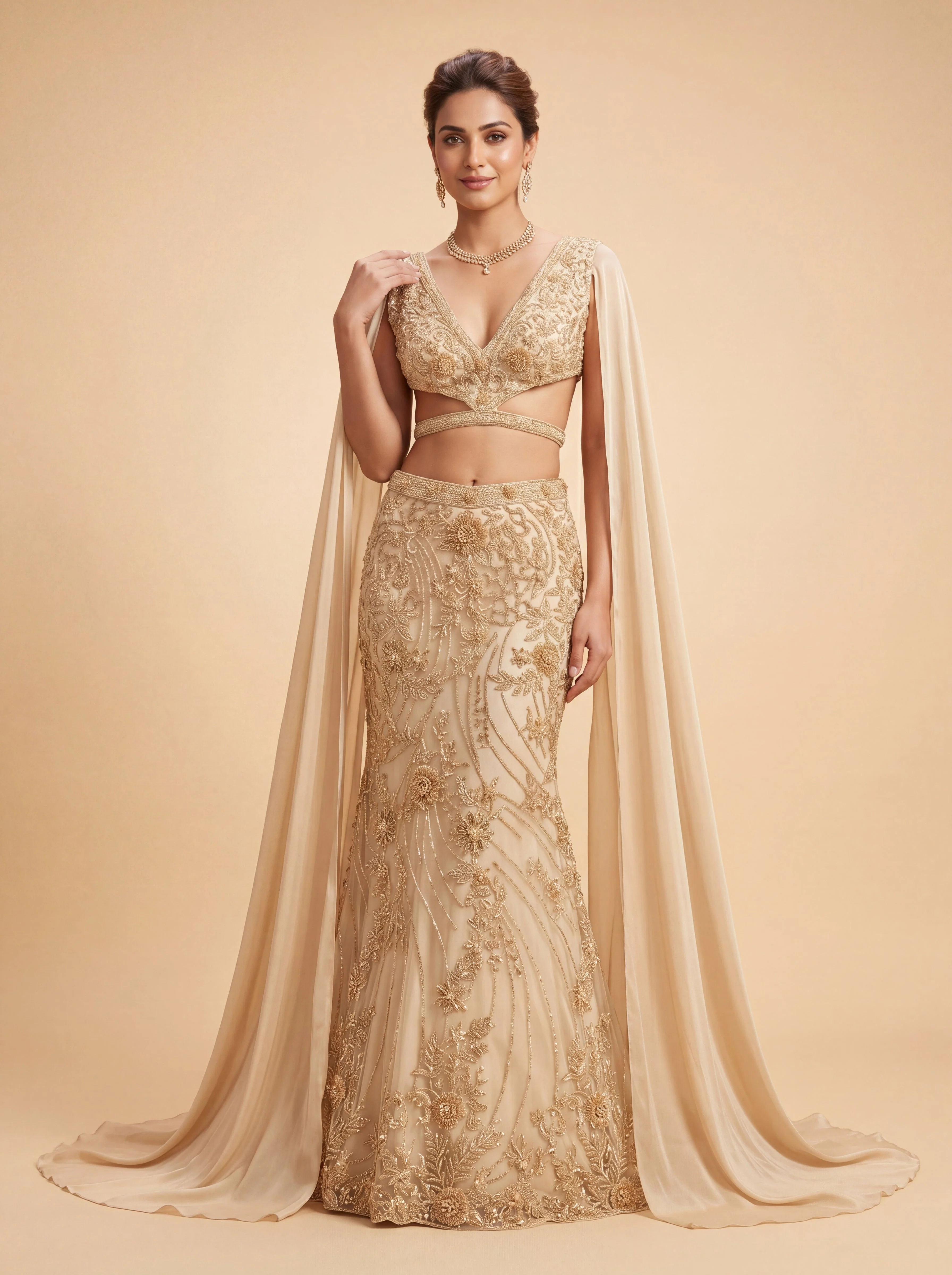 Golden Contemporary Bridal Lehenga With Sheer Embroidery  Soft Volume
