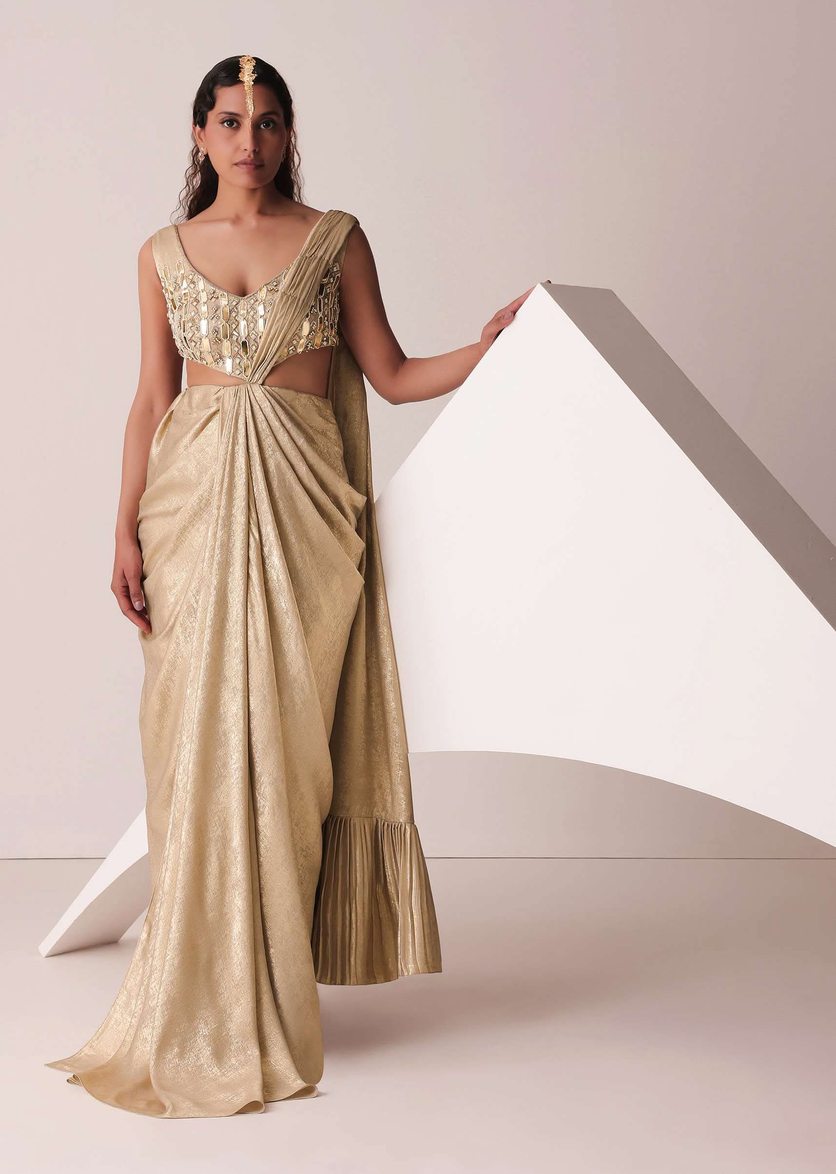 Golden Ready-To-Wear Embroidered Saree Gown In Gold Foil Fabric - Image 3