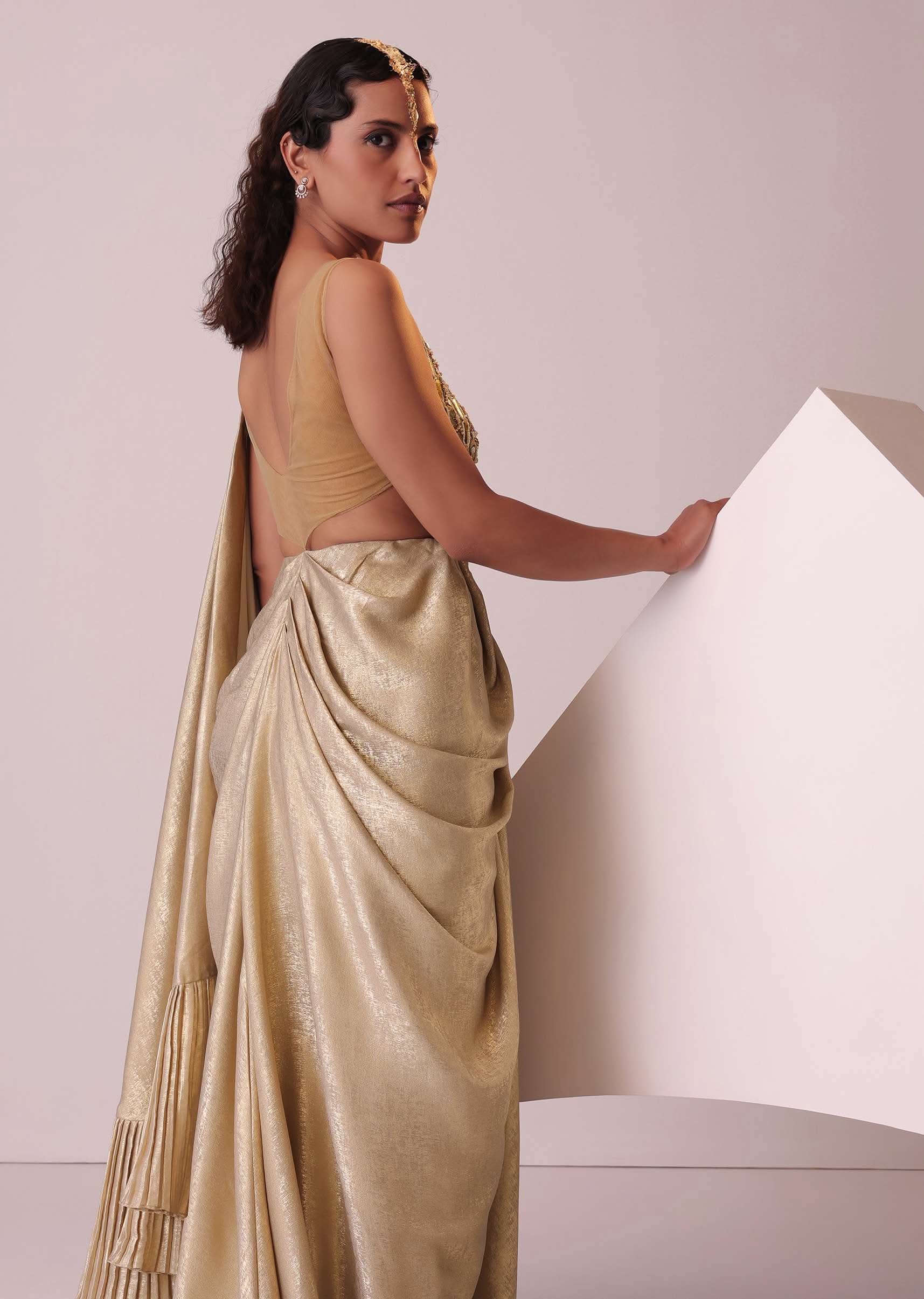 Golden Ready-To-Wear Embroidered Saree Gown In Gold Foil Fabric - Image 4