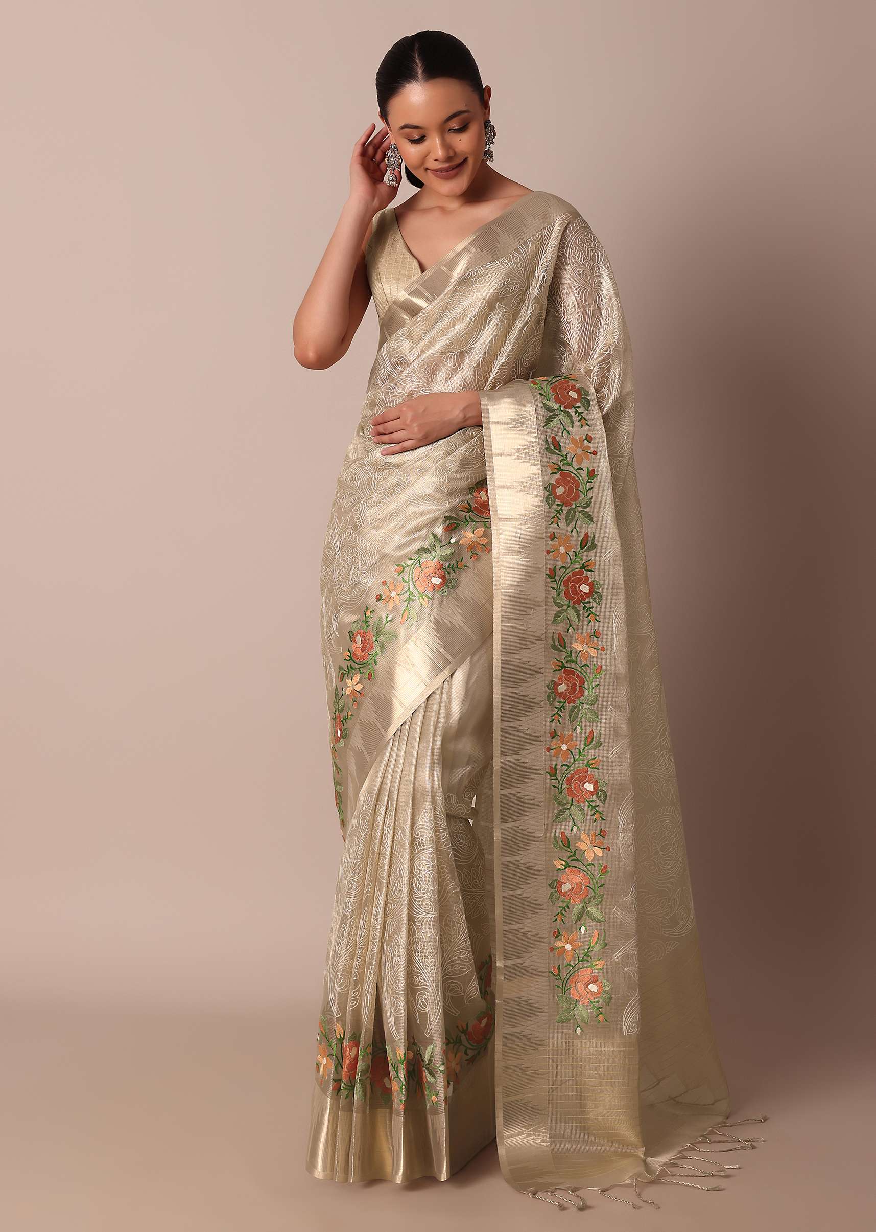 Golden Silk Saree With Exquisite Resham Thread Butti Work - Image 3