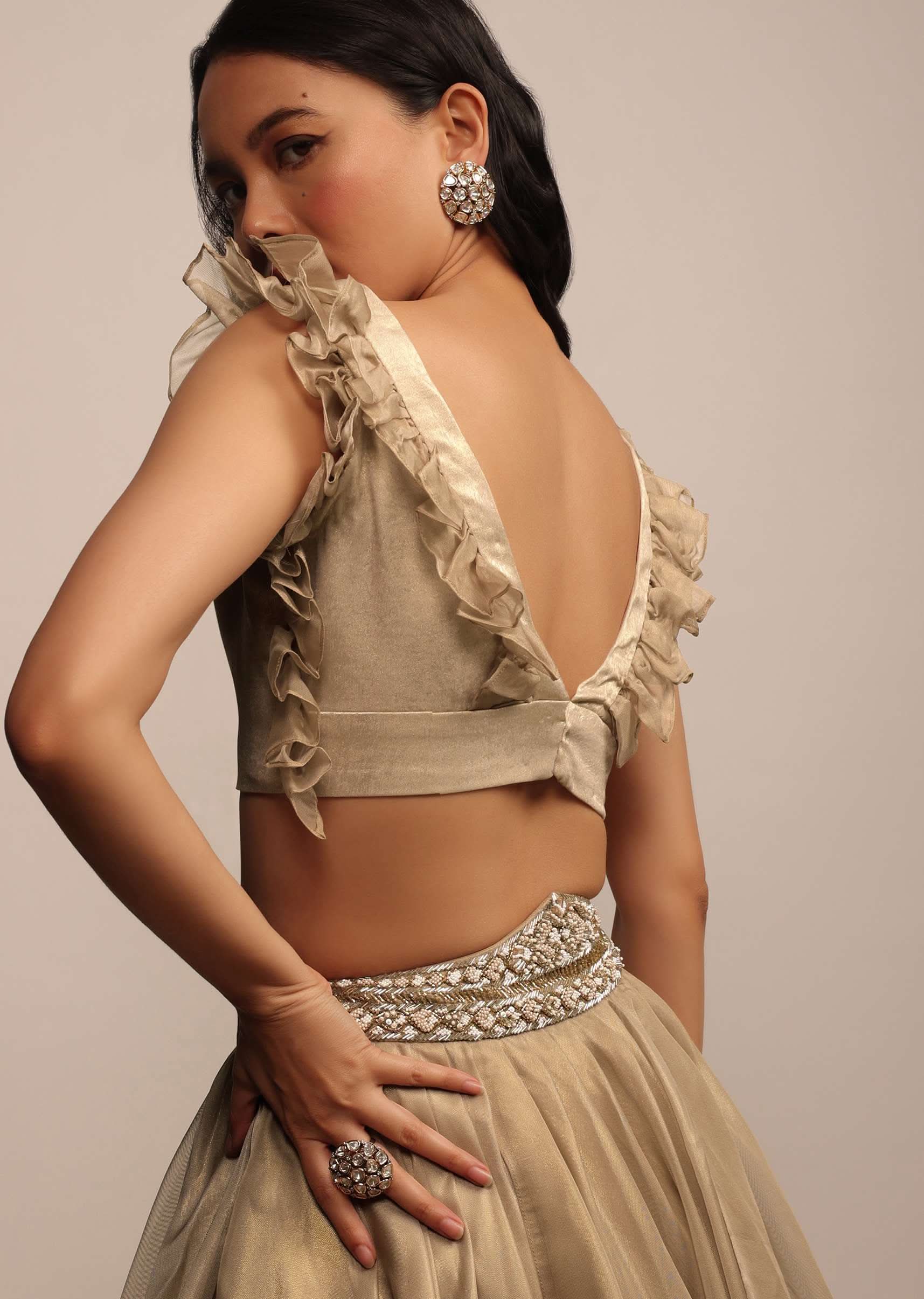Golden Sleeveless Blouse In Satin Glam Gold With Ruffle Sleeve Frill - Image 2