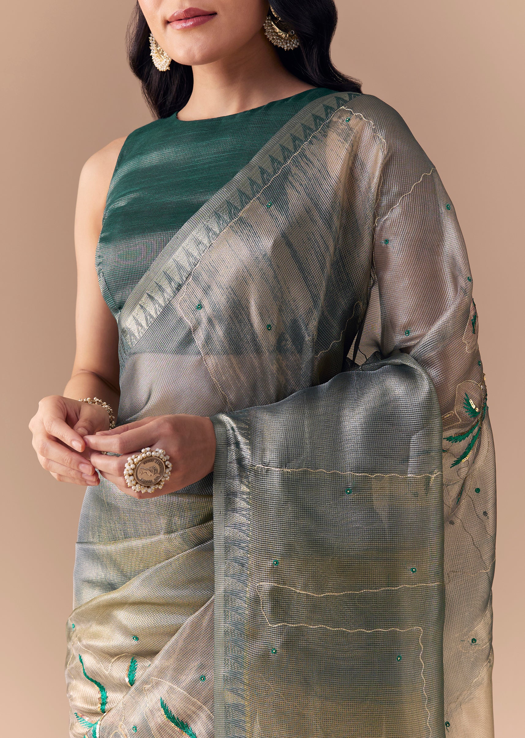 Graceful Couple Set – Teal Green Organza Silk Saree For Her And Green Modal Kurta Set With Hand Embroidery For Him - Image 2