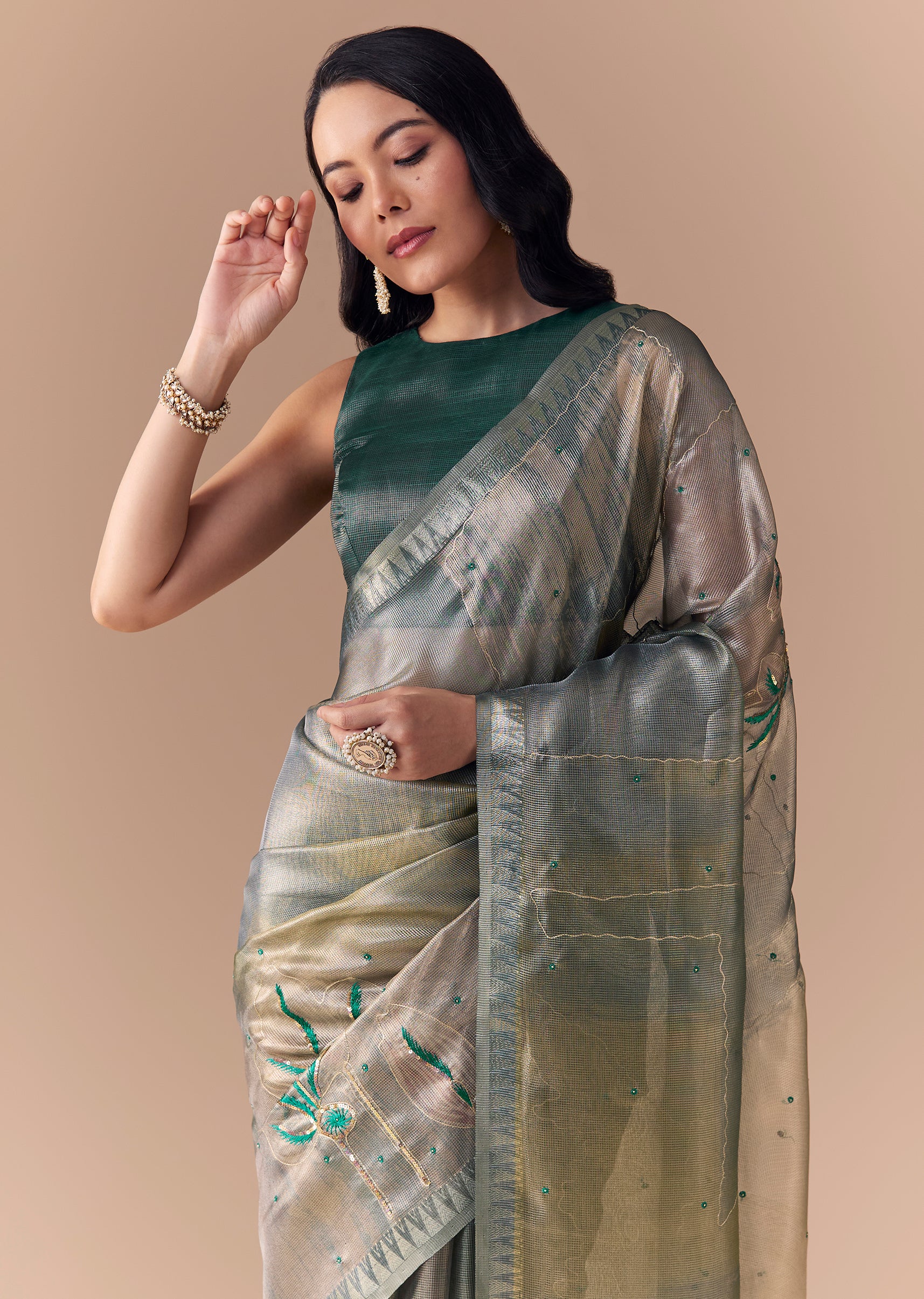 Graceful Couple Set – Teal Green Organza Silk Saree For Her And Green Modal Kurta Set With Hand Embroidery For Him - Image 5