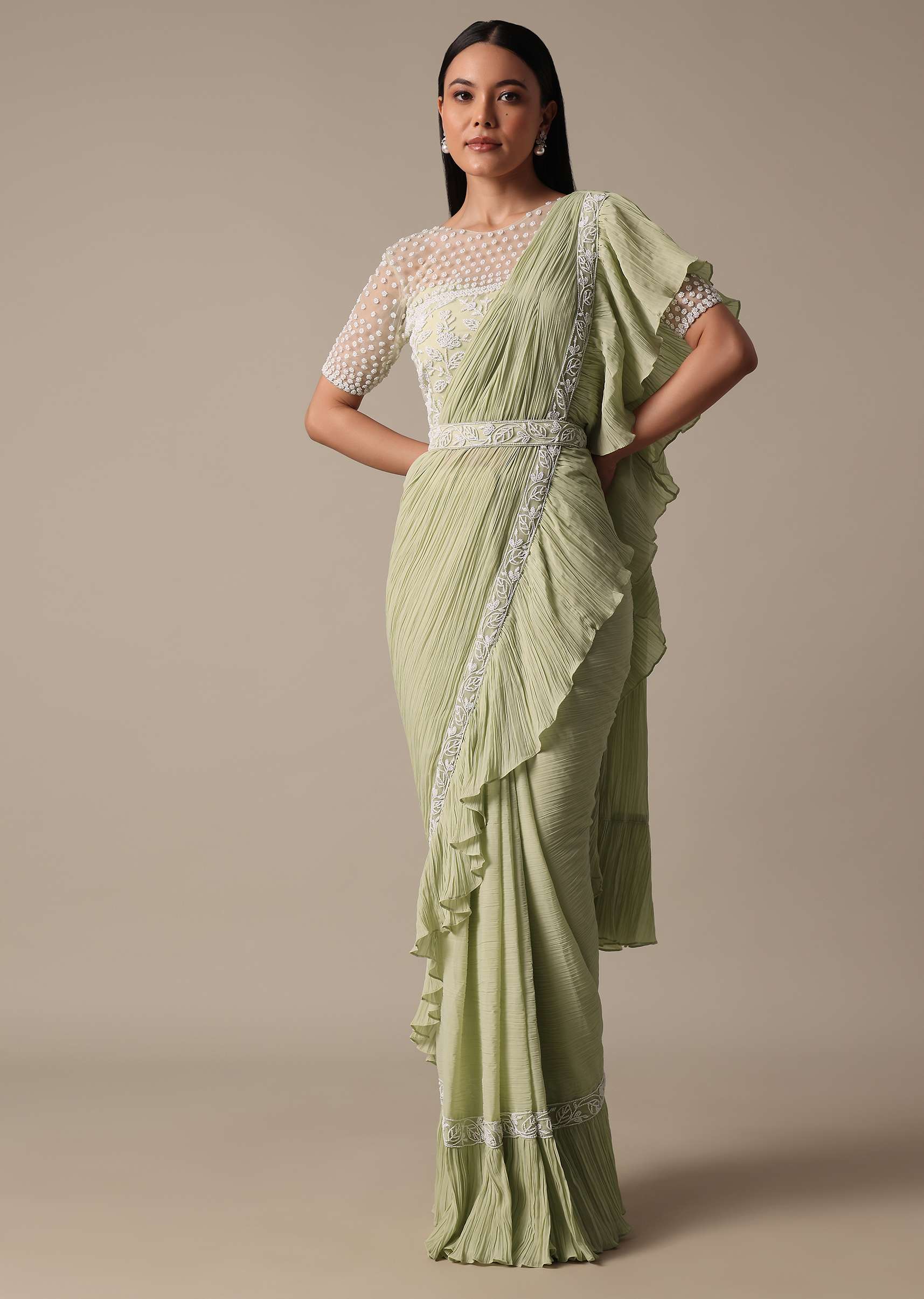 Graceful Green Pre Drape Saree With Ready Made Blouse - Image 3
