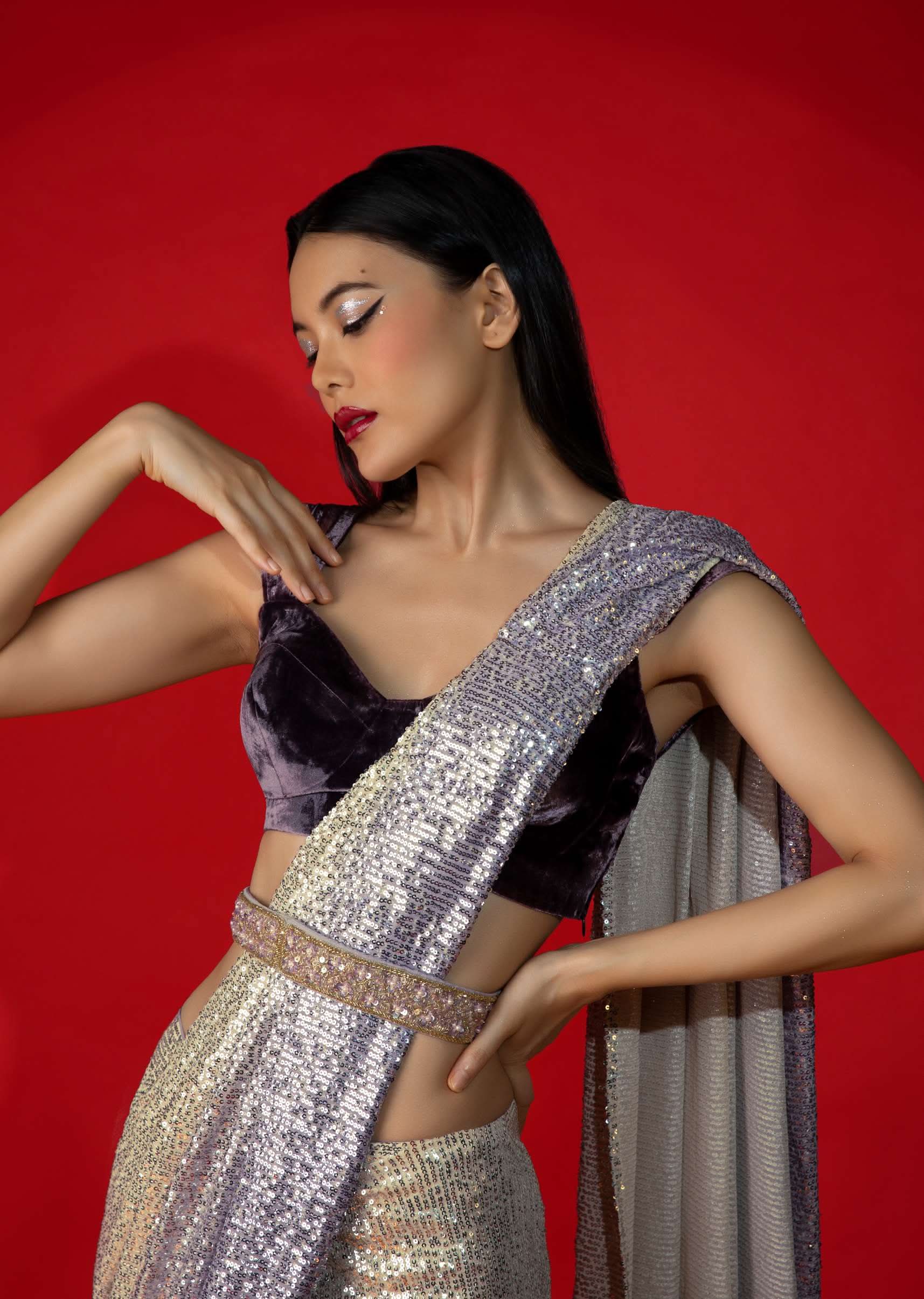 Grape Purple Velvet Blouse With Pleated Sleeves And Corset Neckline - Image 3