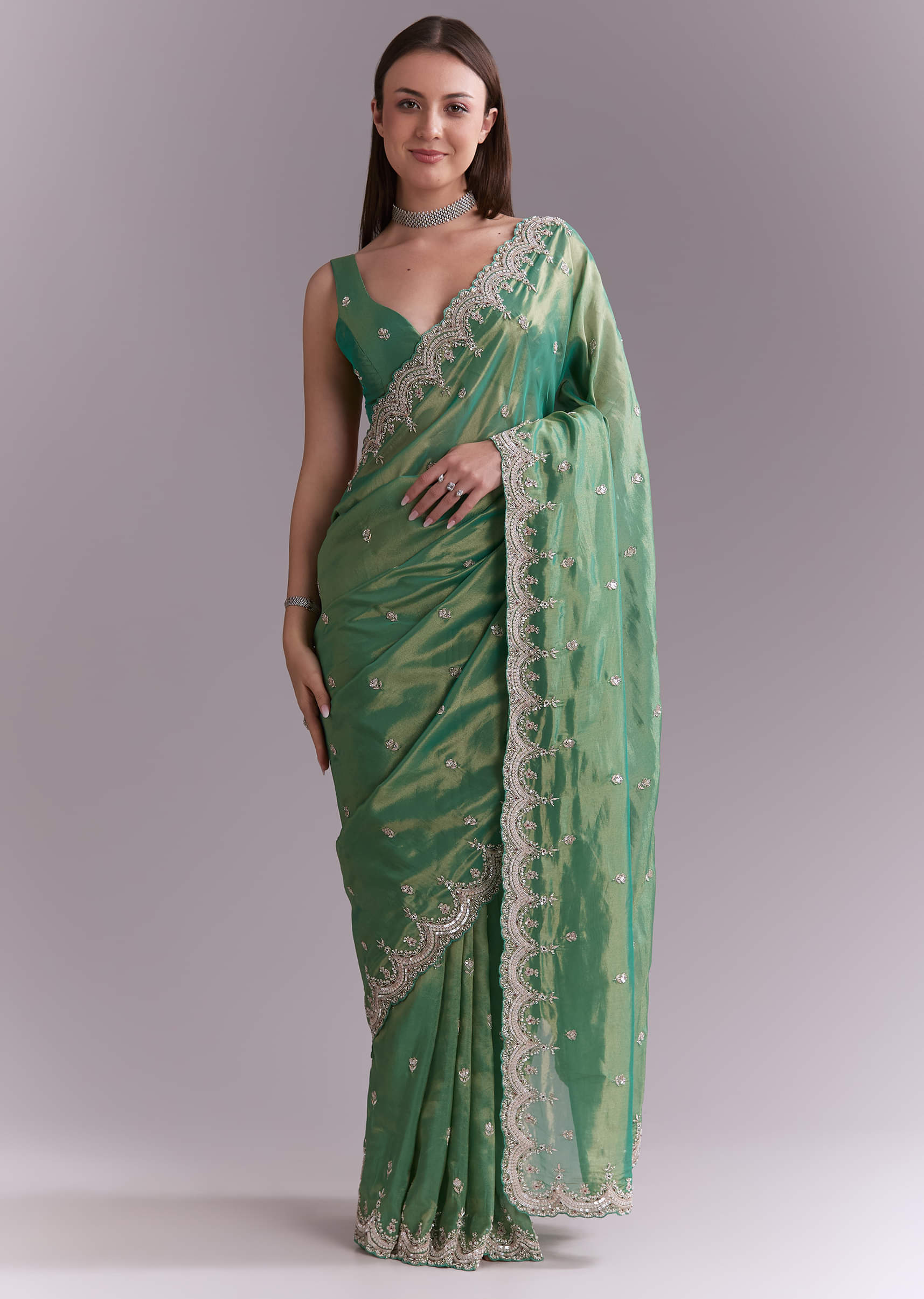 Grass Green Silk Saree With Heavy Hand Embroidery - Image 3