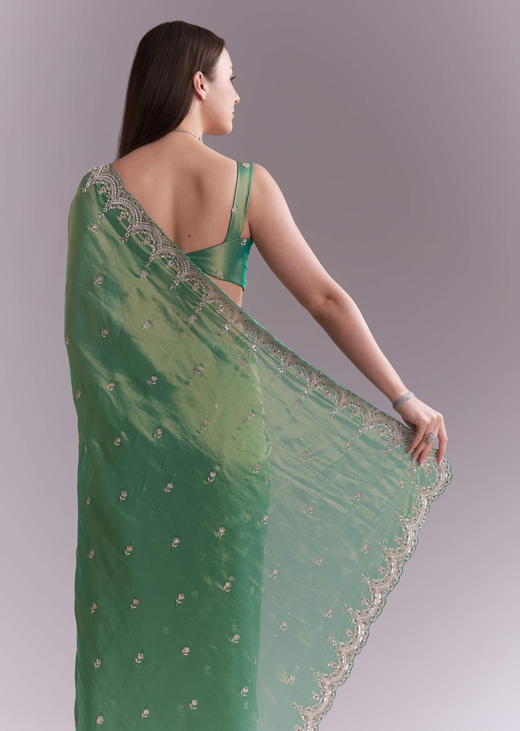 Grass Green Silk Saree With Heavy Hand Embroidery - Image 6