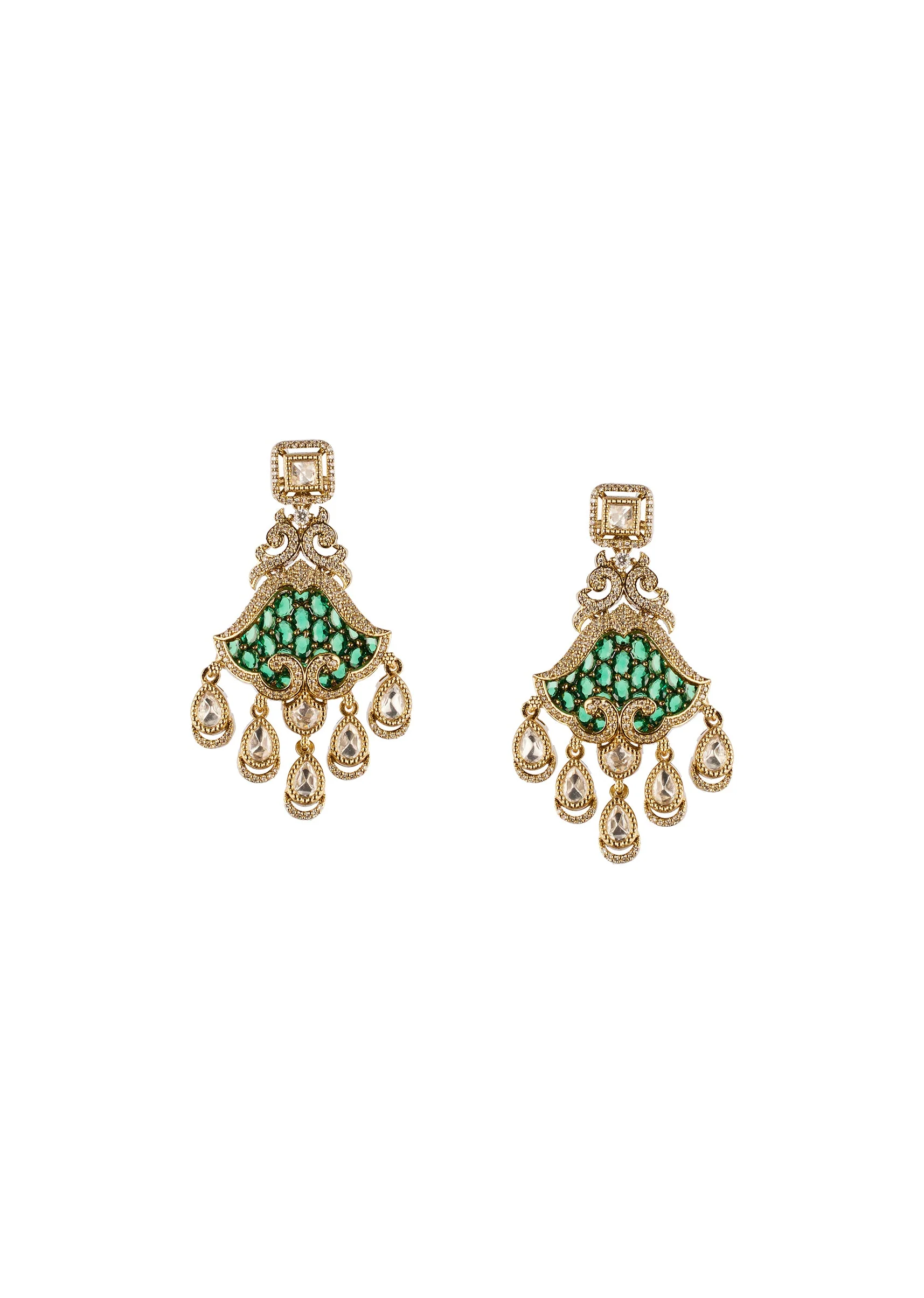 Green and Gold Anti Tarnish CZ Diamond Rhodium Plated Brass Earrings - Image 2