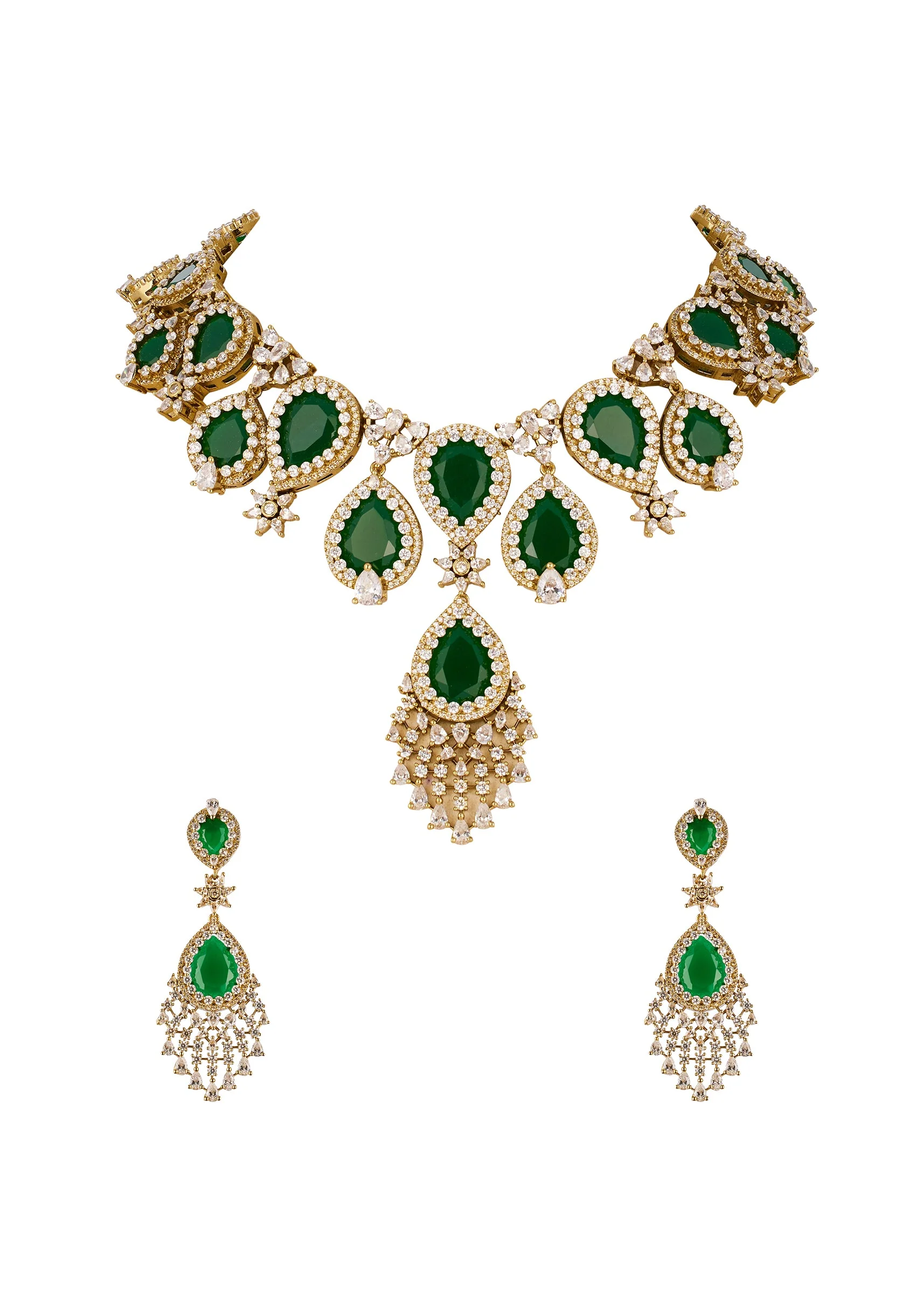 Green and Gold Anti Tarnish Finish CZ Diamond Necklace Set in Rhodium Plated Brass