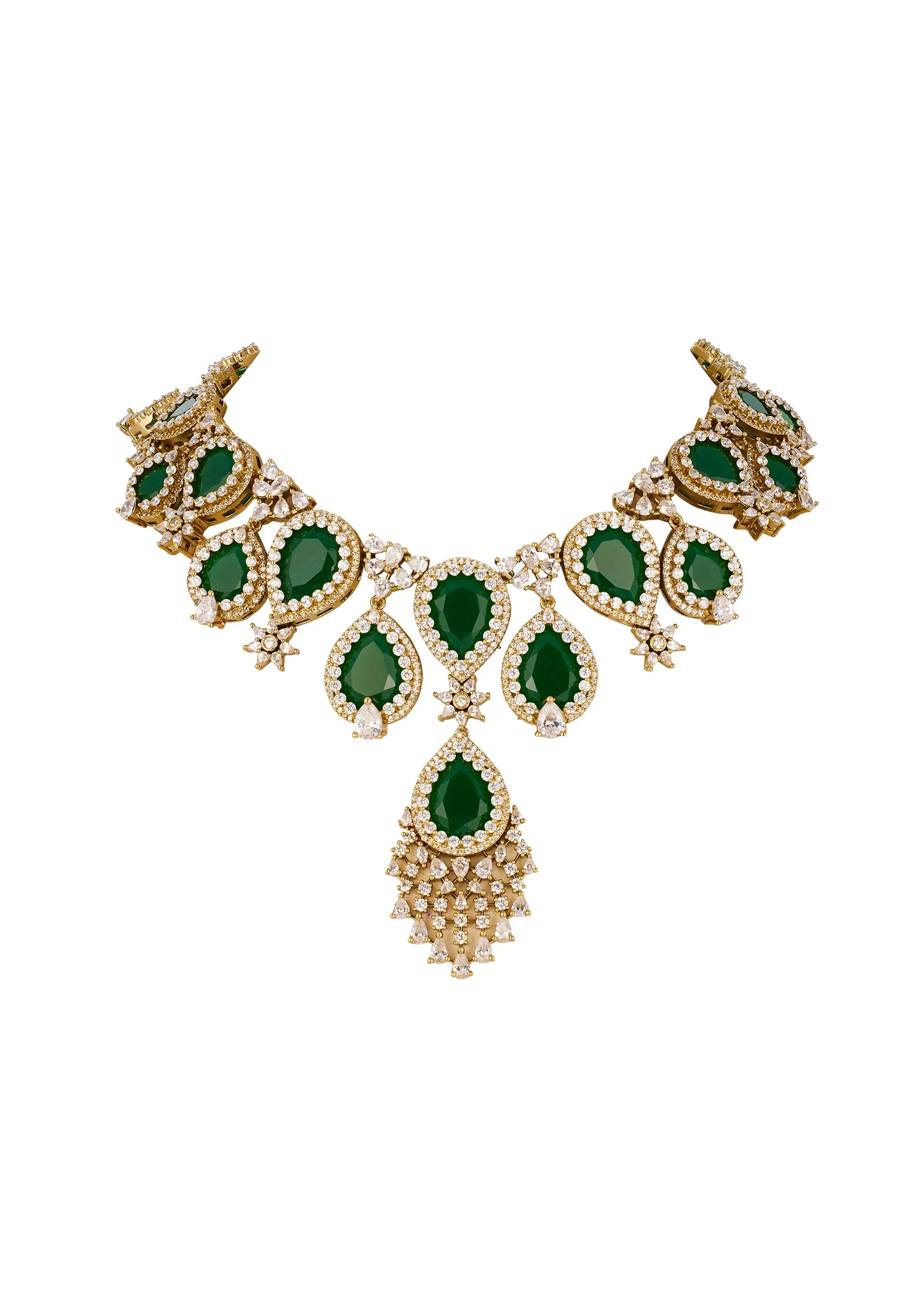 Green and Gold Anti Tarnish Finish CZ Diamond Necklace Set in Rhodium Plated Brass - Image 2