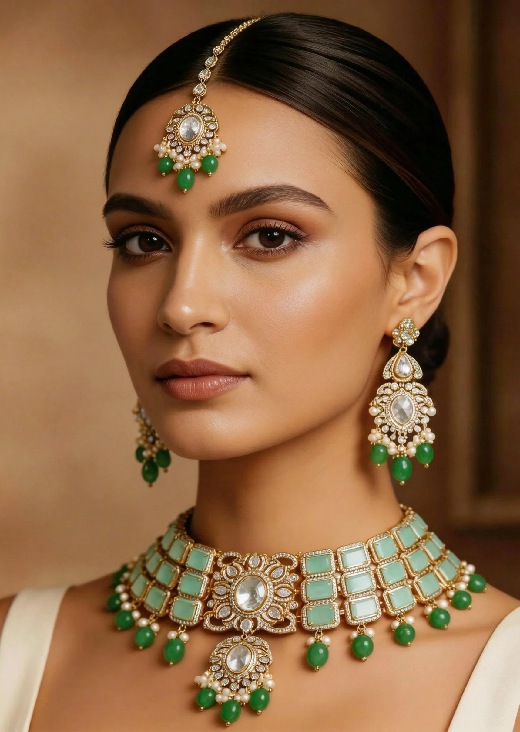 Green And Gold Floral Pendant Necklace Set With Maangtikka
