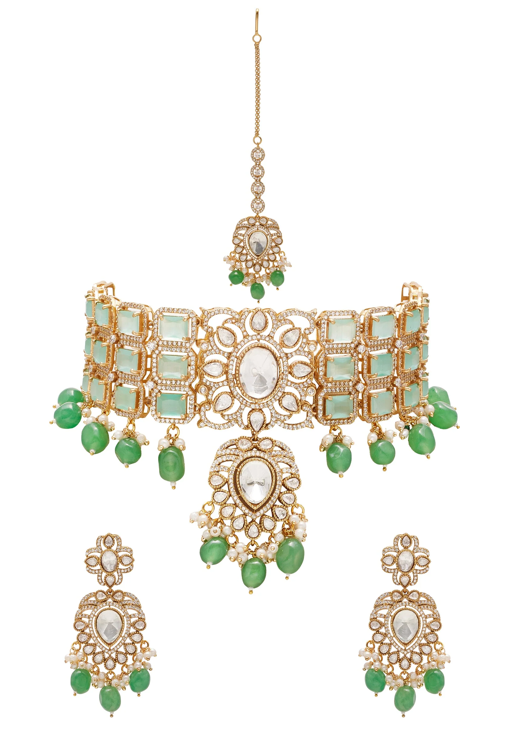 Green And Gold Floral Pendant Necklace Set With Maangtikka - Image 2