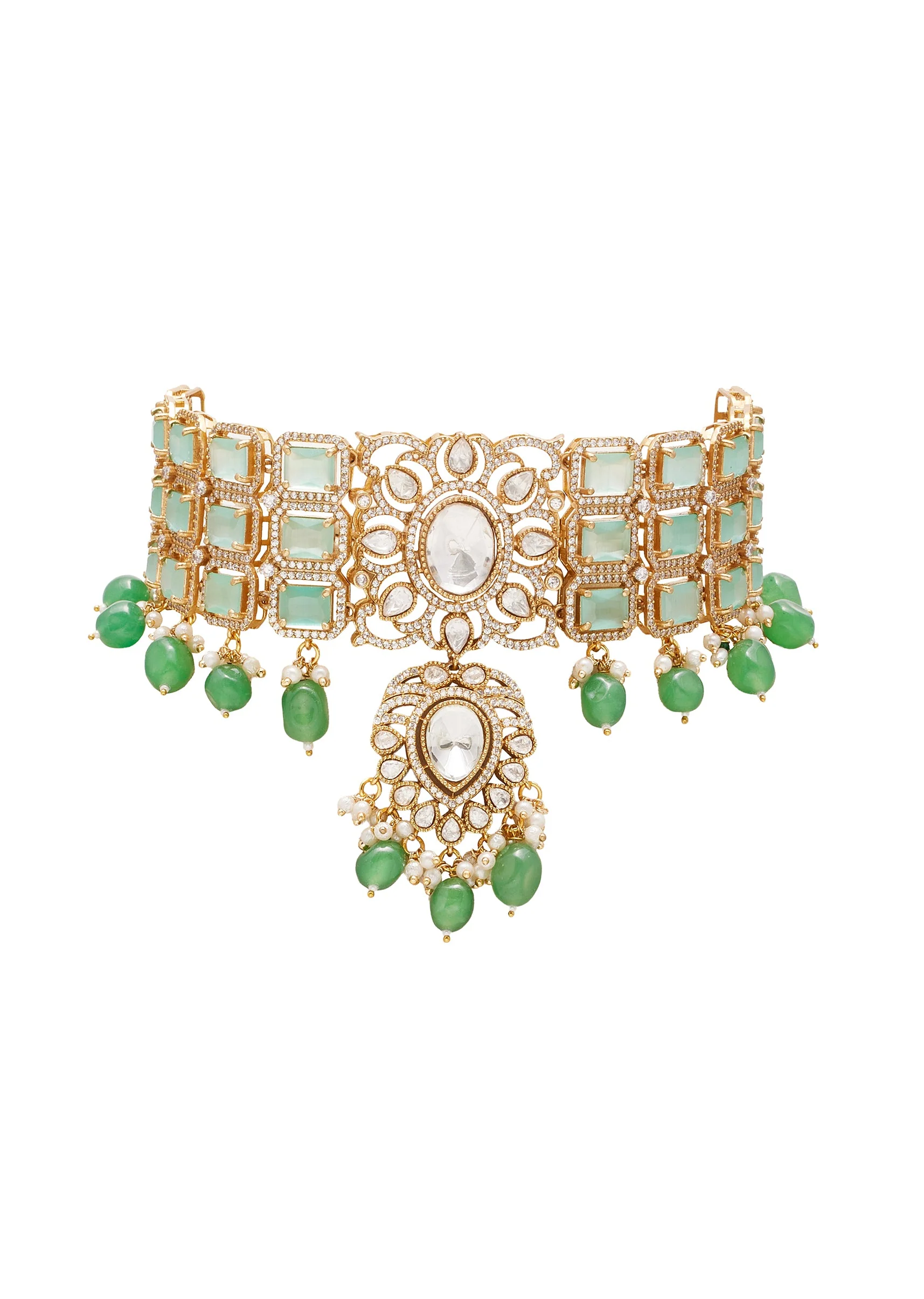 Green And Gold Floral Pendant Necklace Set With Maangtikka - Image 3